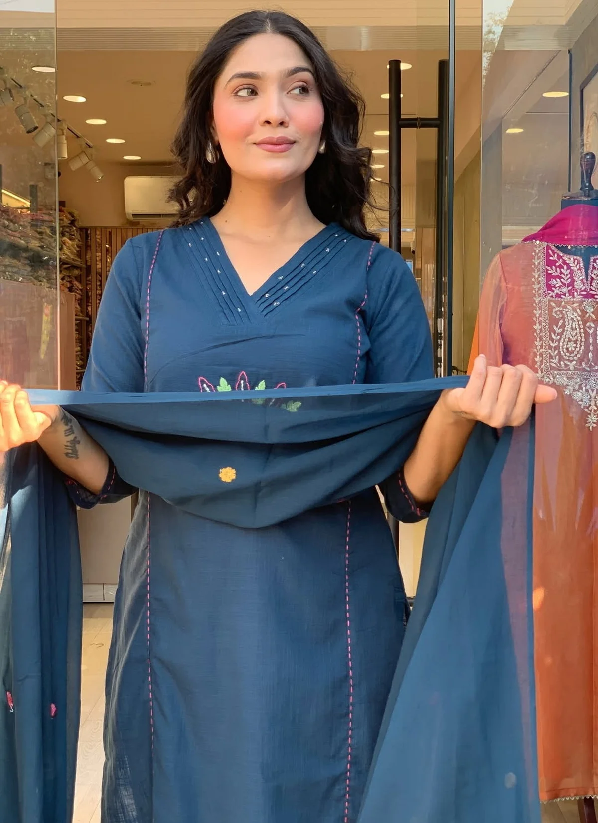 Women's Rayon Slub Embroidered Kurta Set with Pant & Dupatta in Teal — photo 7 of 7