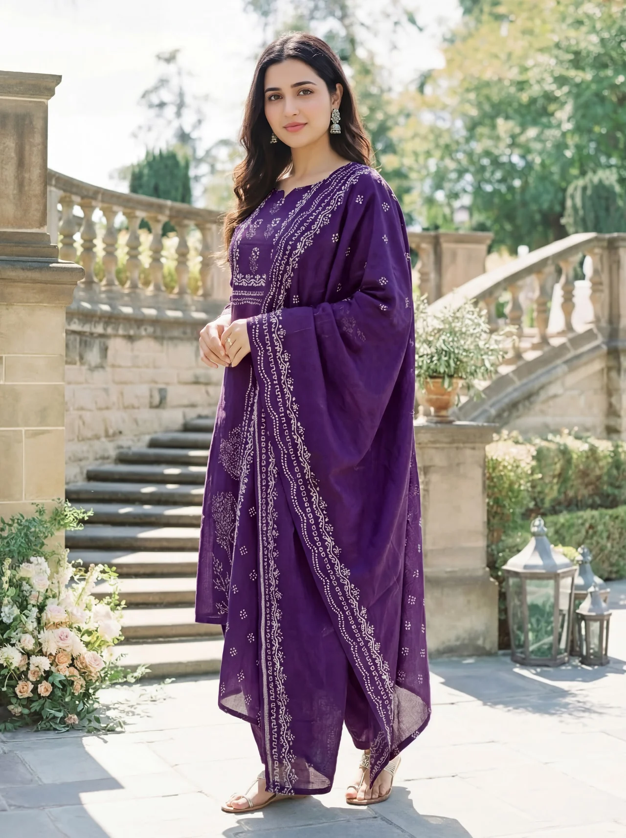 Women's Muslin Kurta Set with Pant & Dupatta in Purple — photo 3 of 6
