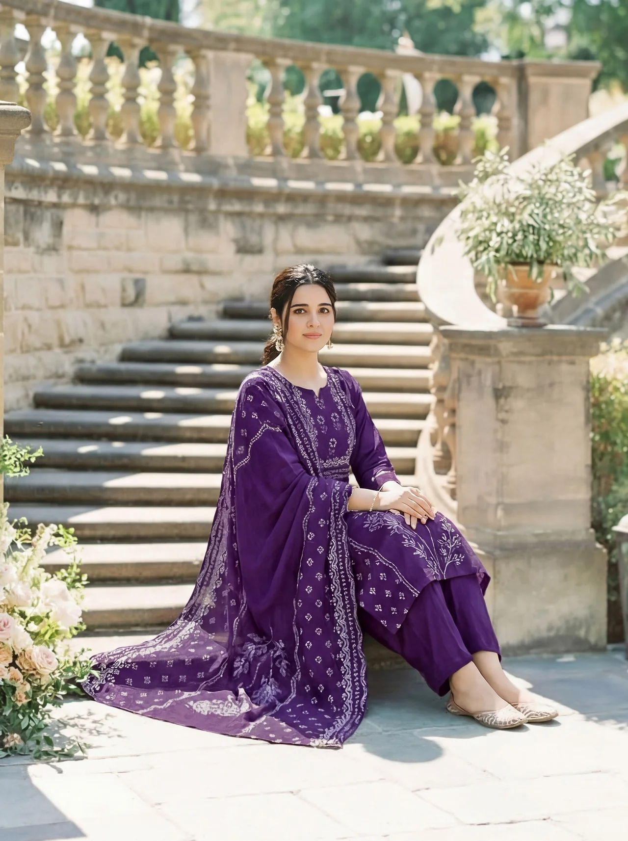 Women's Muslin Kurta Set with Pant & Dupatta in Purple — photo 4 of 6