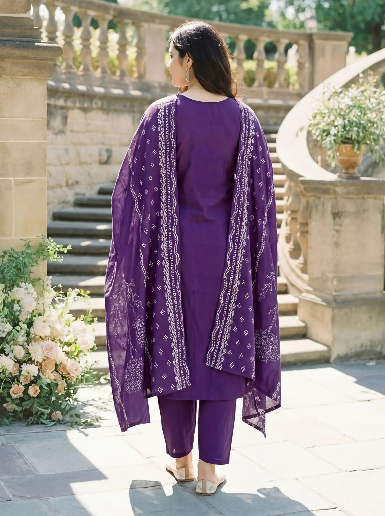 Women's Muslin Kurta Set with Pant & Dupatta in Purple — photo 5 of 6