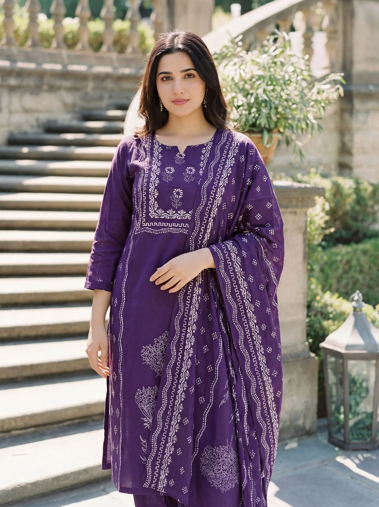 Women's Muslin Kurta Set with Pant & Dupatta in Purple — photo 6 of 6