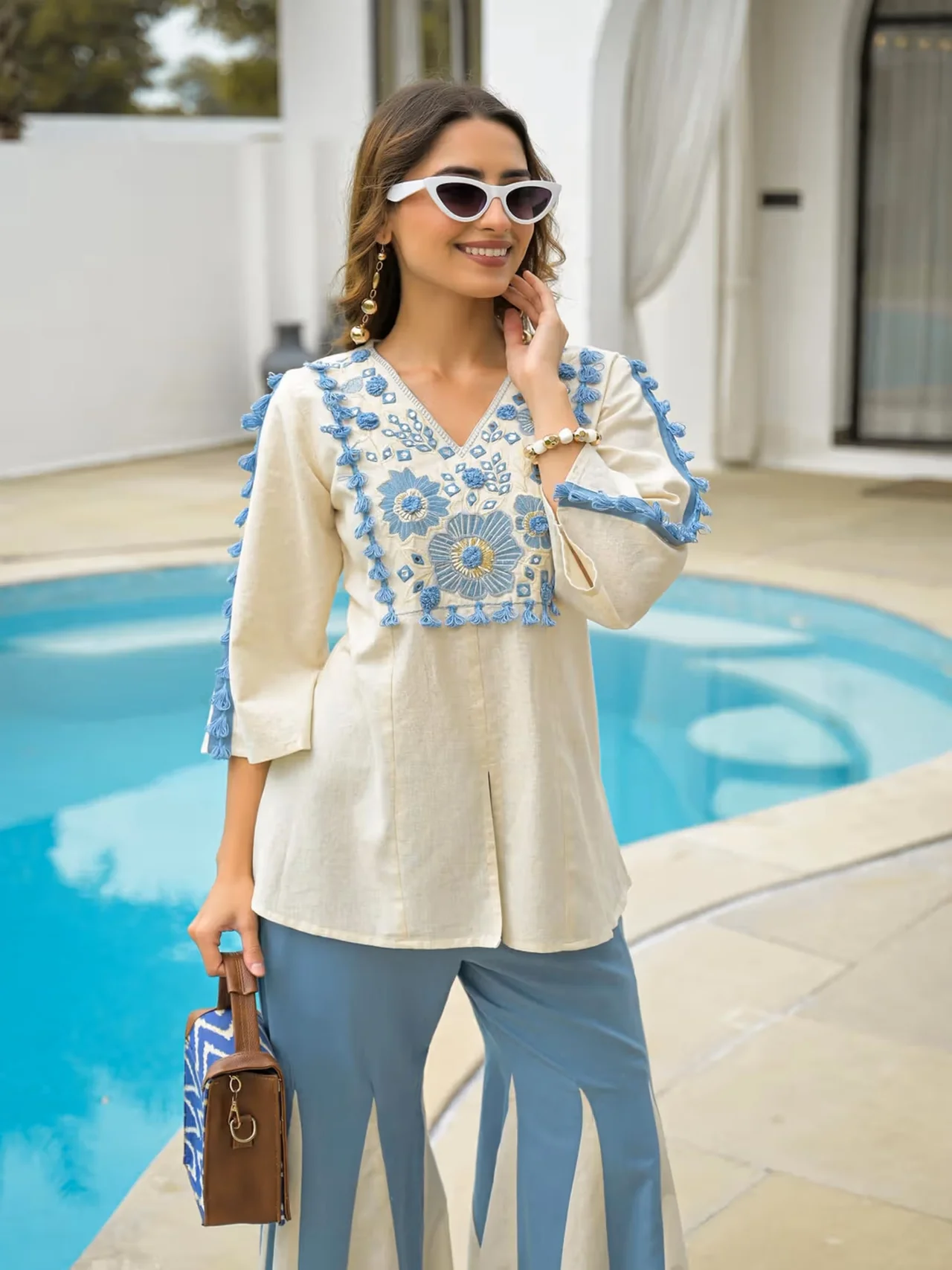 Women's Rayon Slub Short Kurti with Flared Palazzo in Cream — photo 7 of 7