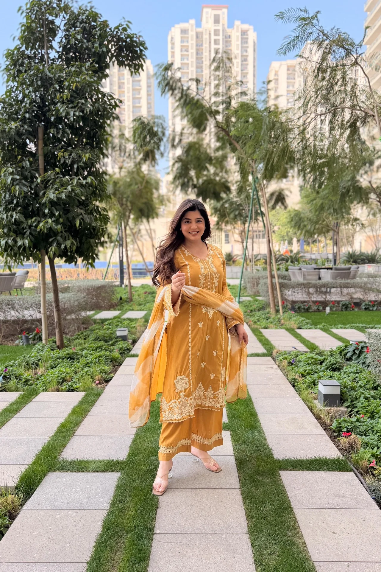 Women's Roman Silk Kurta Set with Palazzo & Dupatta in Mustard — photo 2 of 7