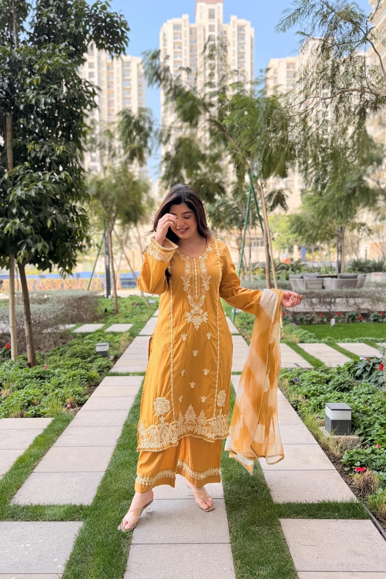 Women's Roman Silk Kurta Set with Palazzo & Dupatta in Mustard — photo 3 of 7