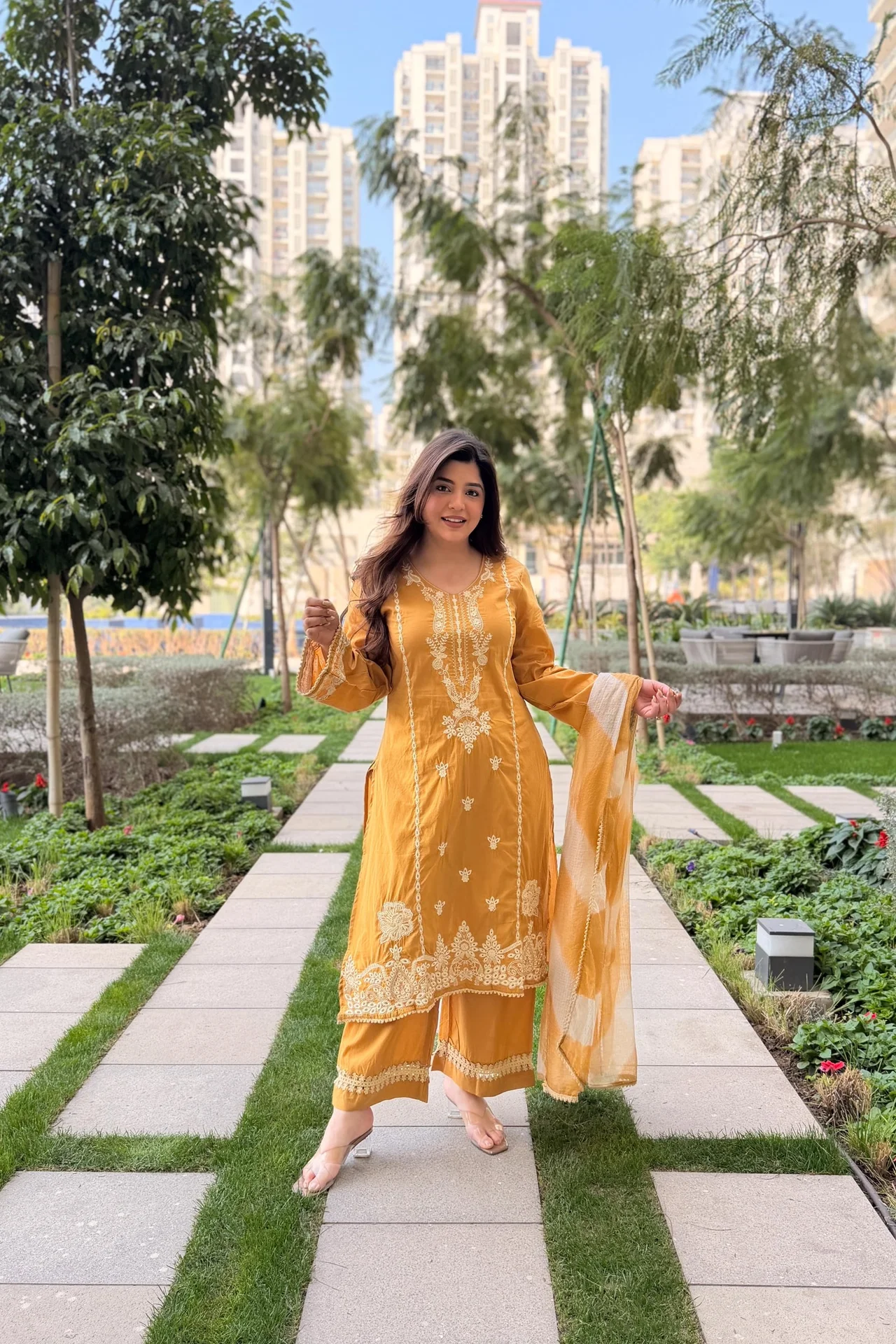 Women's Roman Silk Kurta Set with Palazzo & Dupatta in Mustard — photo 4 of 7