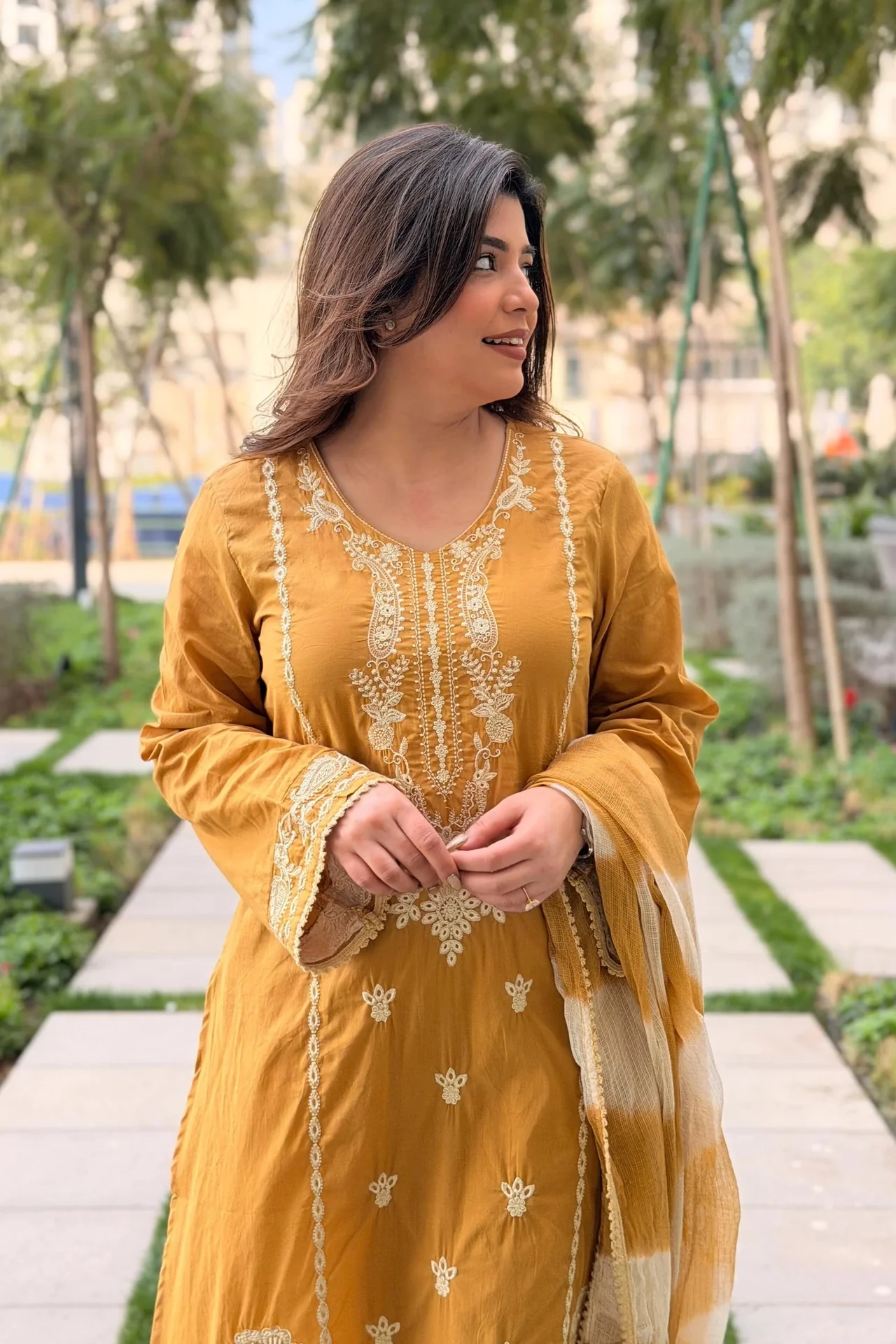 Women's Roman Silk Kurta Set with Palazzo & Dupatta in Mustard — photo 5 of 7