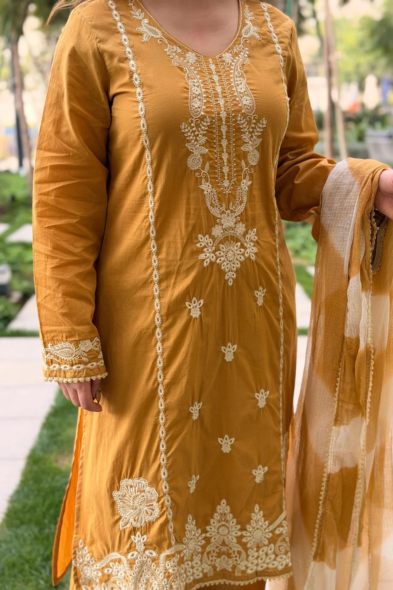 Women's Roman Silk Kurta Set with Palazzo & Dupatta in Mustard — photo 6 of 7