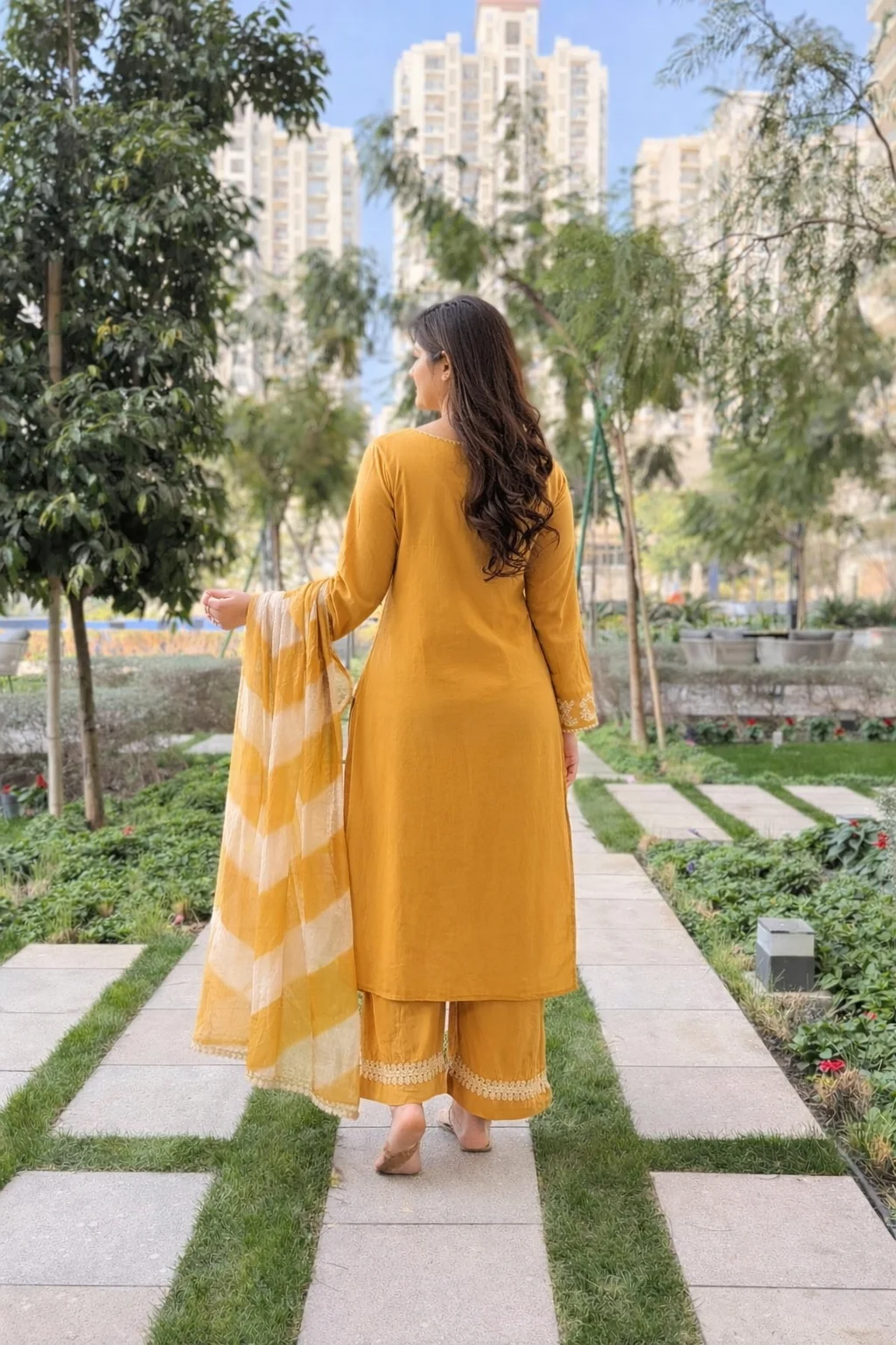 Women's Roman Silk Kurta Set with Palazzo & Dupatta in Mustard — photo 7 of 7