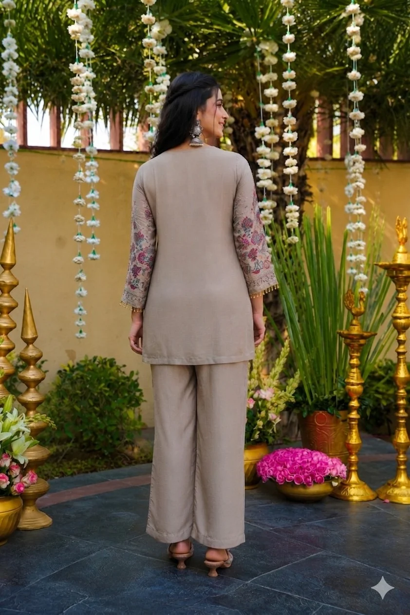 Women's Vichitra Silk Kurta Set with Pant in Beige — photo 2 of 4