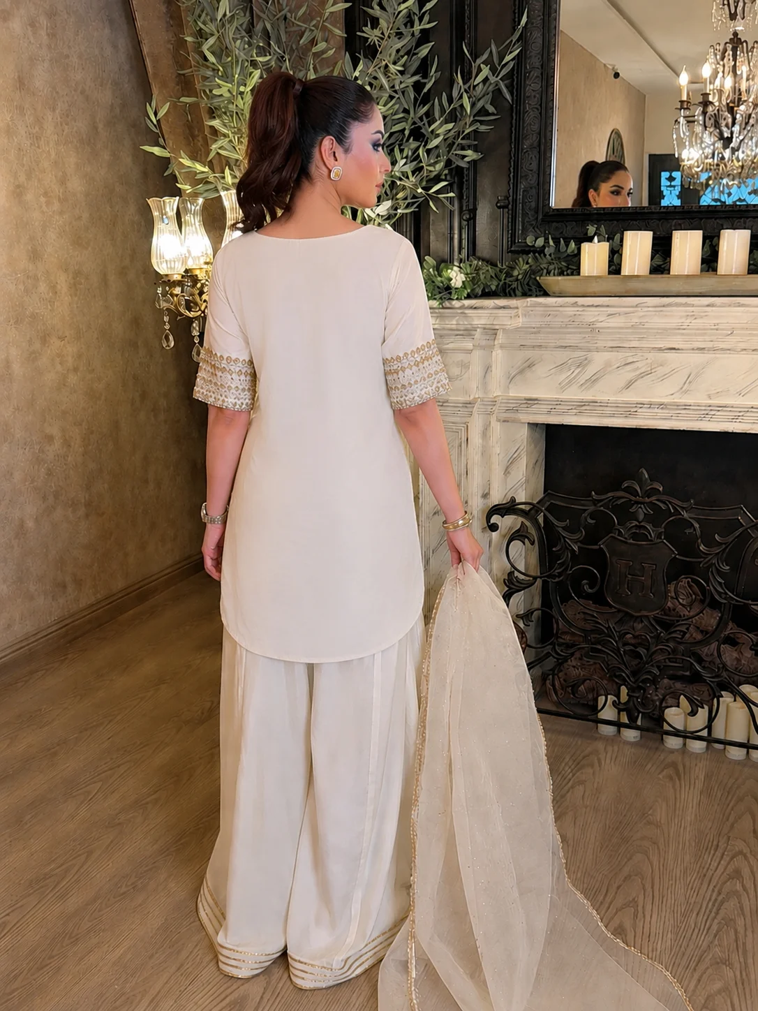 Women's Chinon Embroidered Kurta Set with Flared Palazzo and Organza Dupatta in Cream — photo 2 of 7