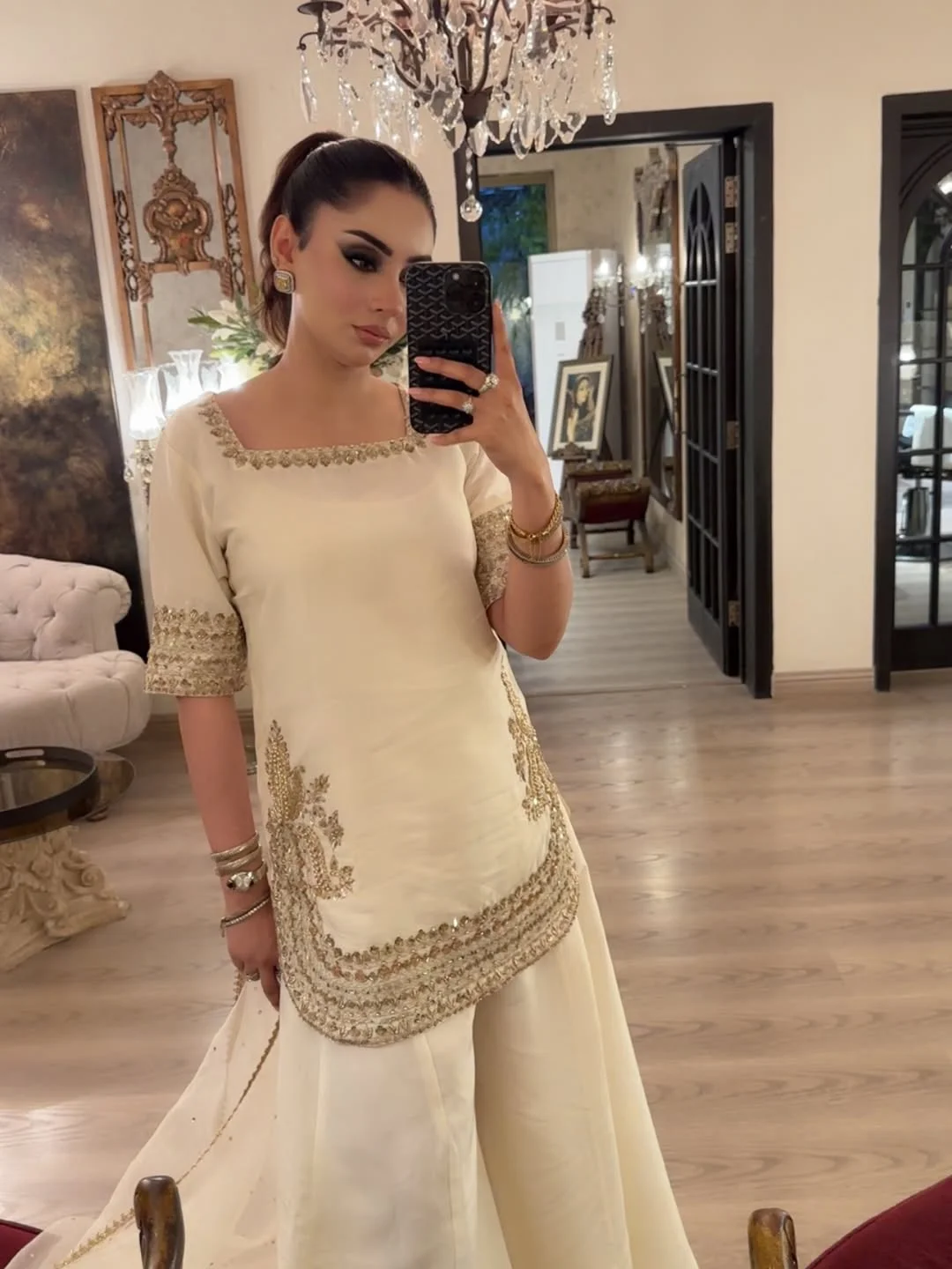 Women's Chinon Embroidered Kurta Set with Flared Palazzo and Organza Dupatta in Cream — photo 4 of 7