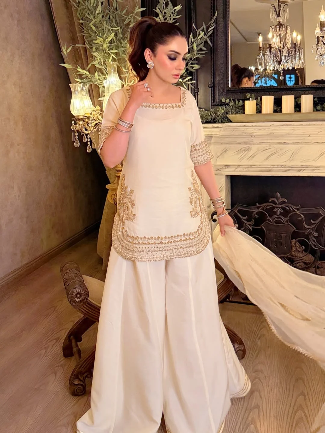 Women's Chinon Embroidered Kurta Set with Flared Palazzo and Organza Dupatta in Cream — photo 5 of 7