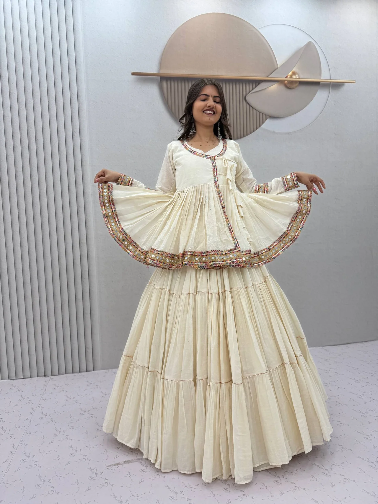 Navratri Special Kediyu Style Lehenga Choli for Women in Off White — photo 2 of 10