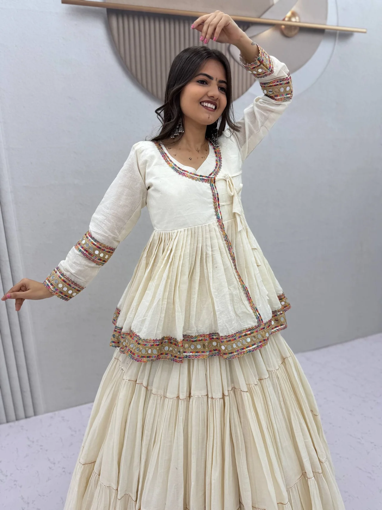 Navratri Special Kediyu Style Lehenga Choli for Women in Off White — photo 3 of 10