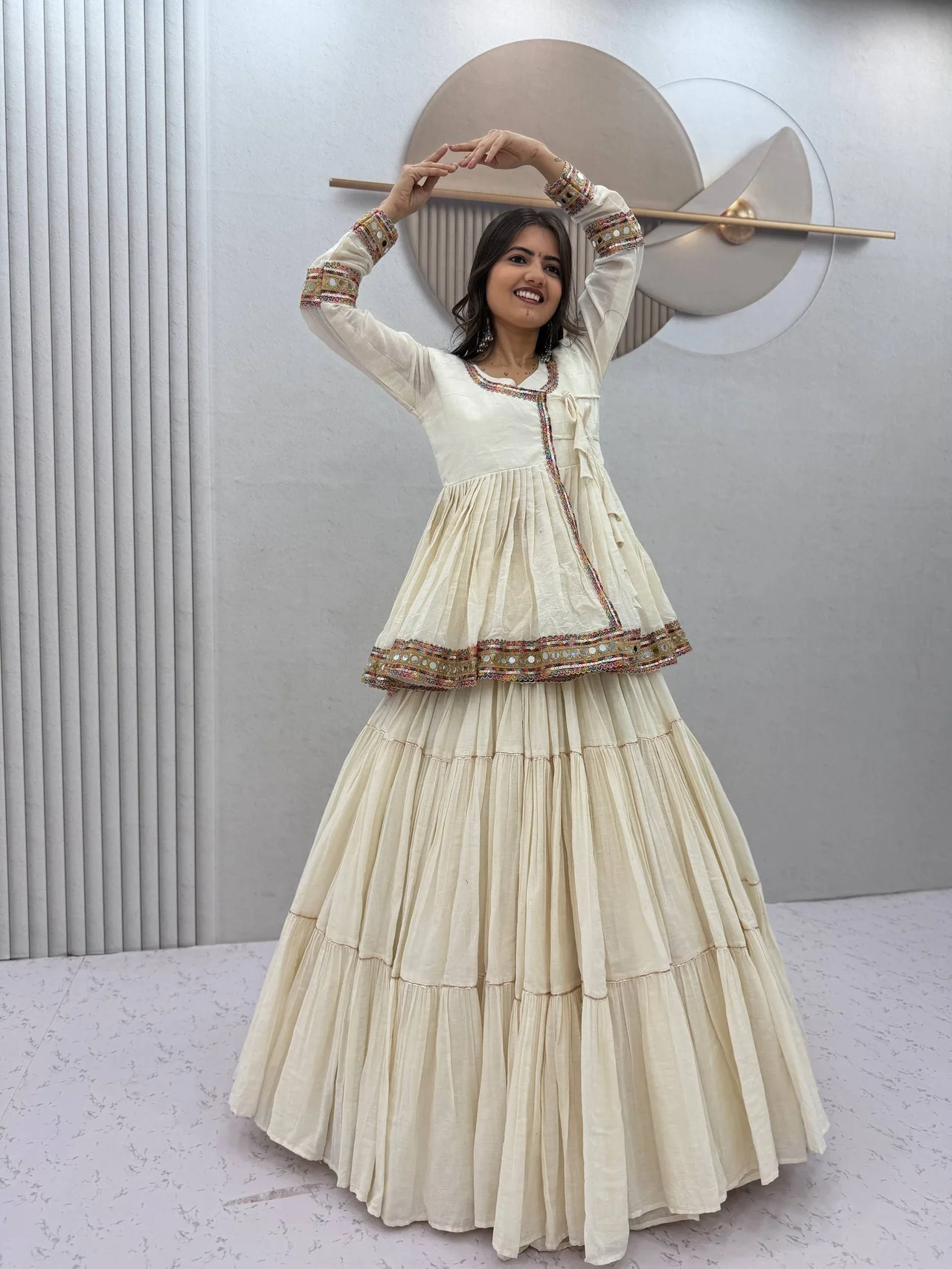 Navratri Special Kediyu Style Lehenga Choli for Women in Off White — photo 4 of 10