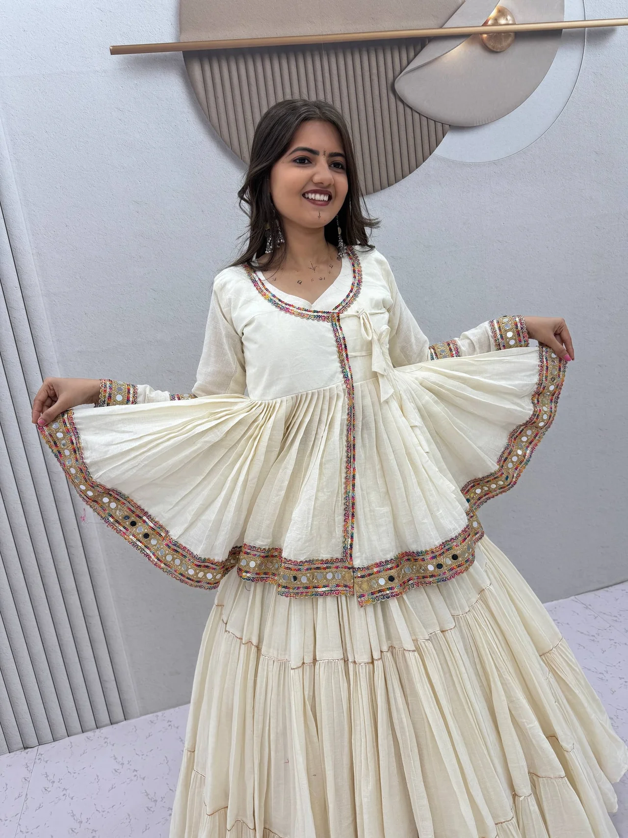 Navratri Special Kediyu Style Lehenga Choli for Women in Off White — photo 5 of 10