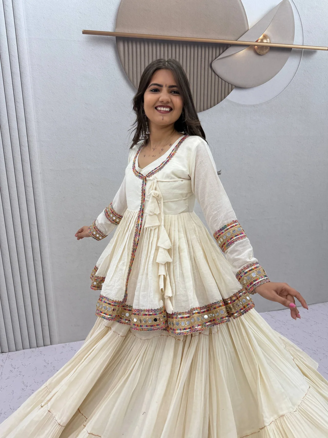 Navratri Special Kediyu Style Lehenga Choli for Women in Off White — photo 7 of 10