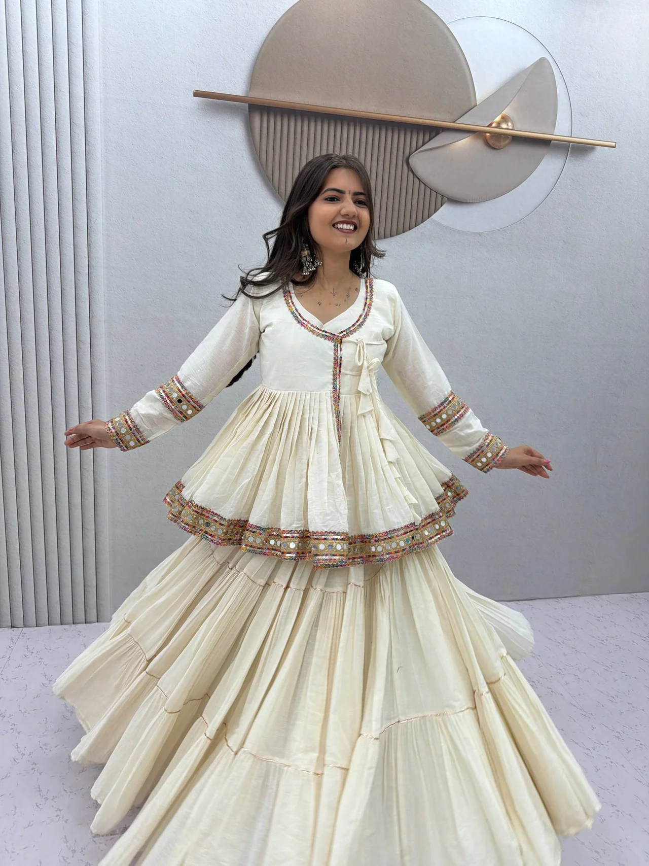 Navratri Special Kediyu Style Lehenga Choli for Women in Off White — photo 8 of 10