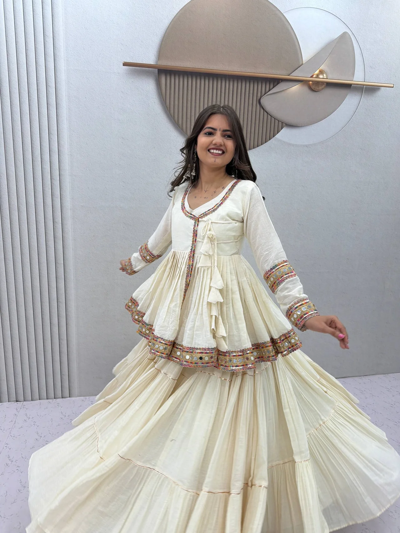 Navratri Special Kediyu Style Lehenga Choli for Women in Off White — photo 9 of 10