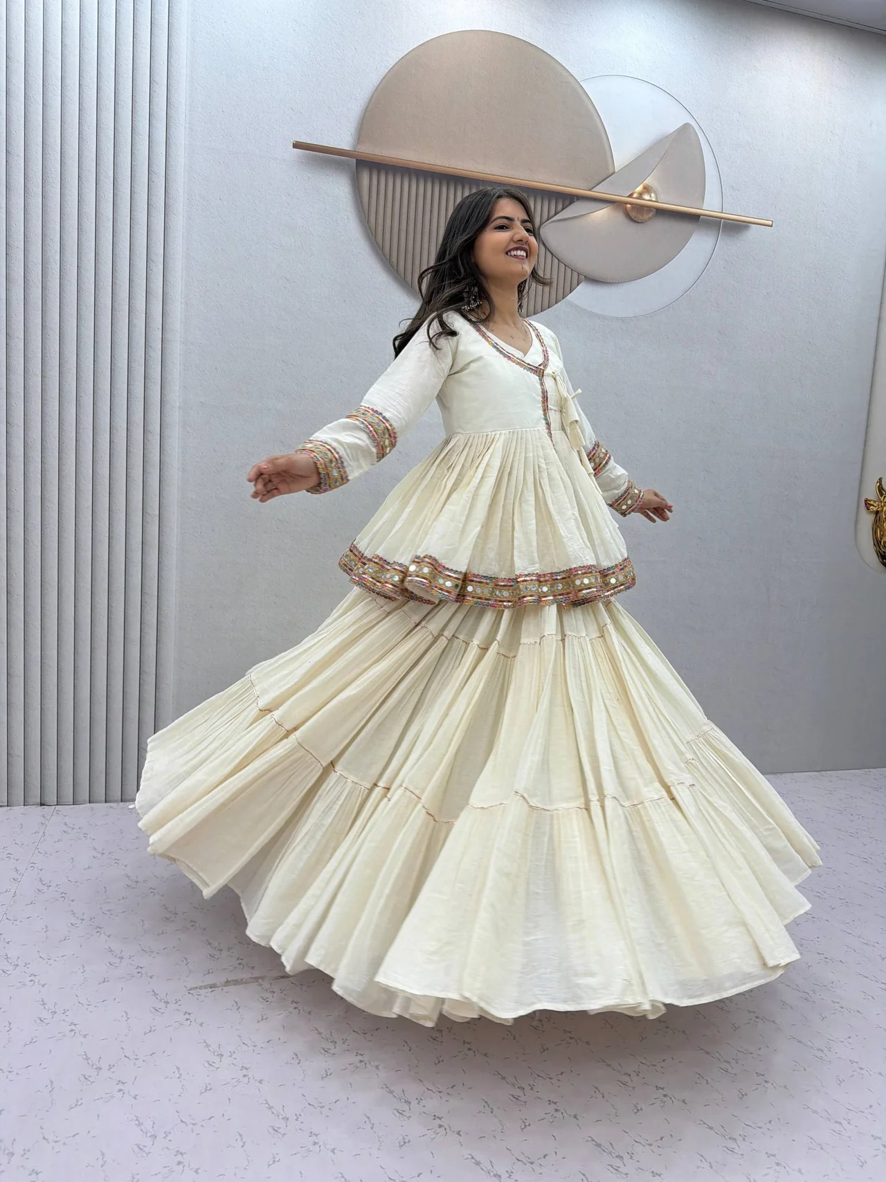 Navratri Special Kediyu Style Lehenga Choli for Women in Off White — photo 10 of 10