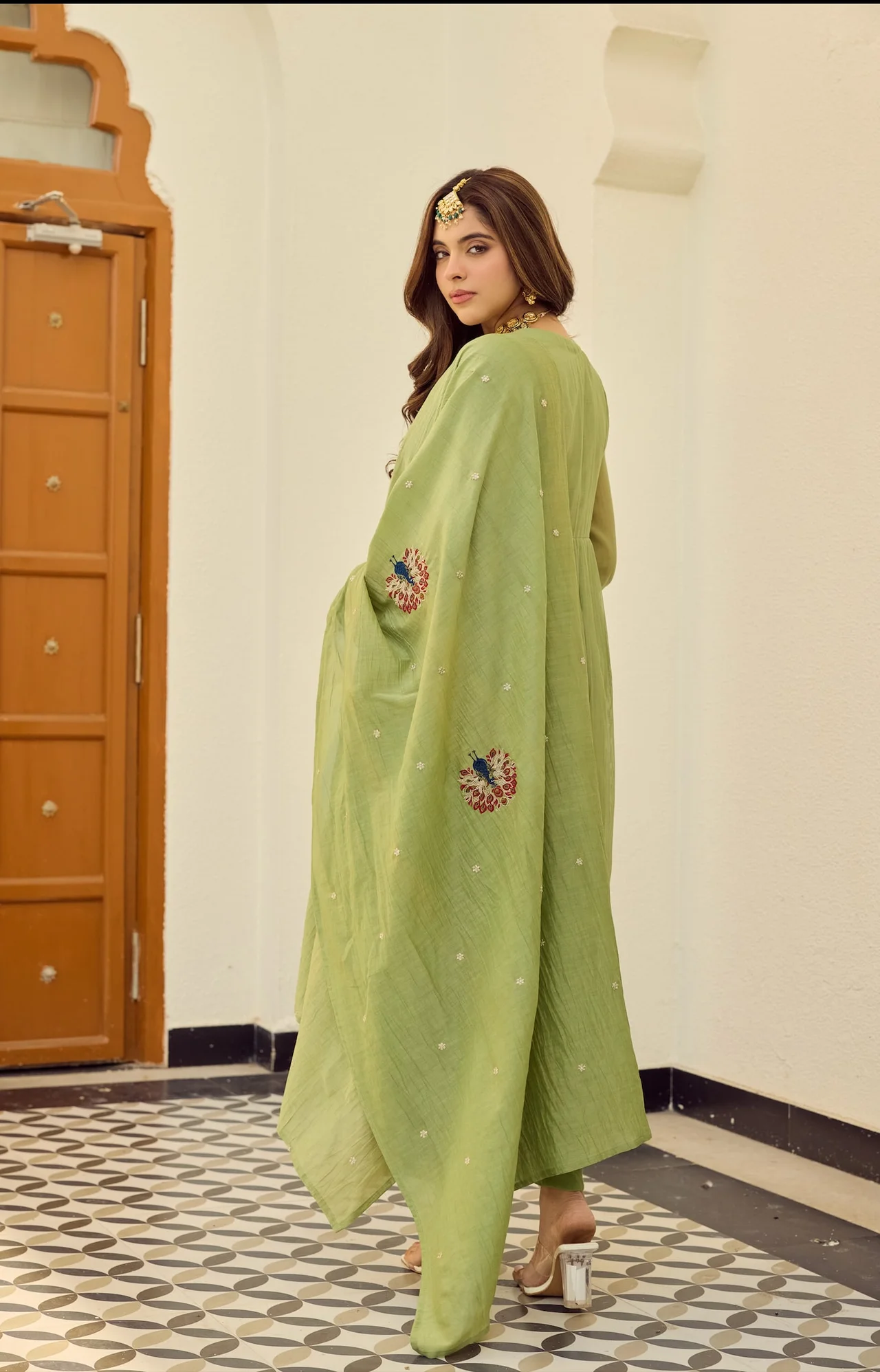 Women's Chanderi Silk Kurta Set with Pant and Dupatta in Sage Green — photo 2 of 7