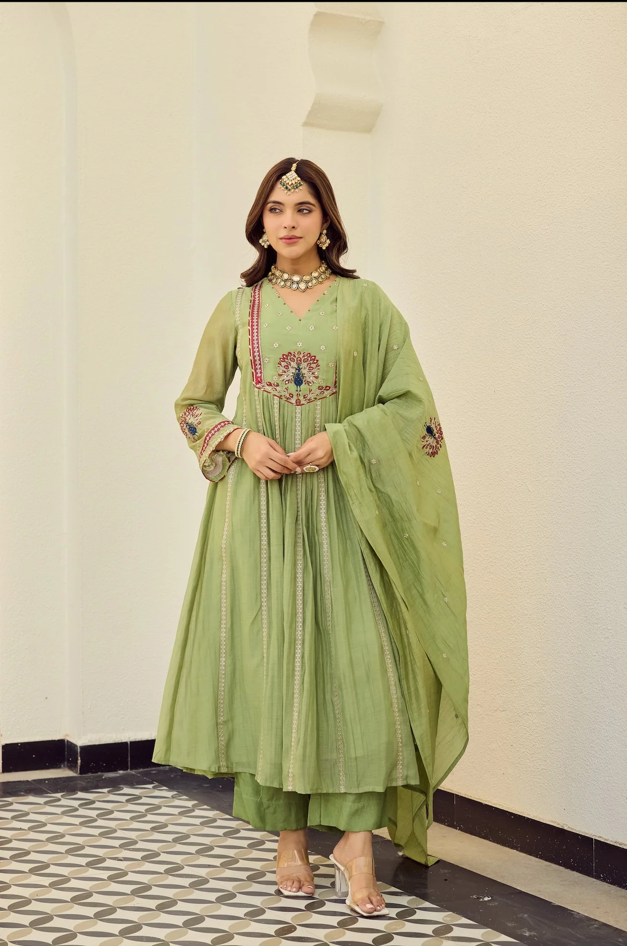 Women's Chanderi Silk Kurta Set with Pant and Dupatta in Sage Green — photo 3 of 7