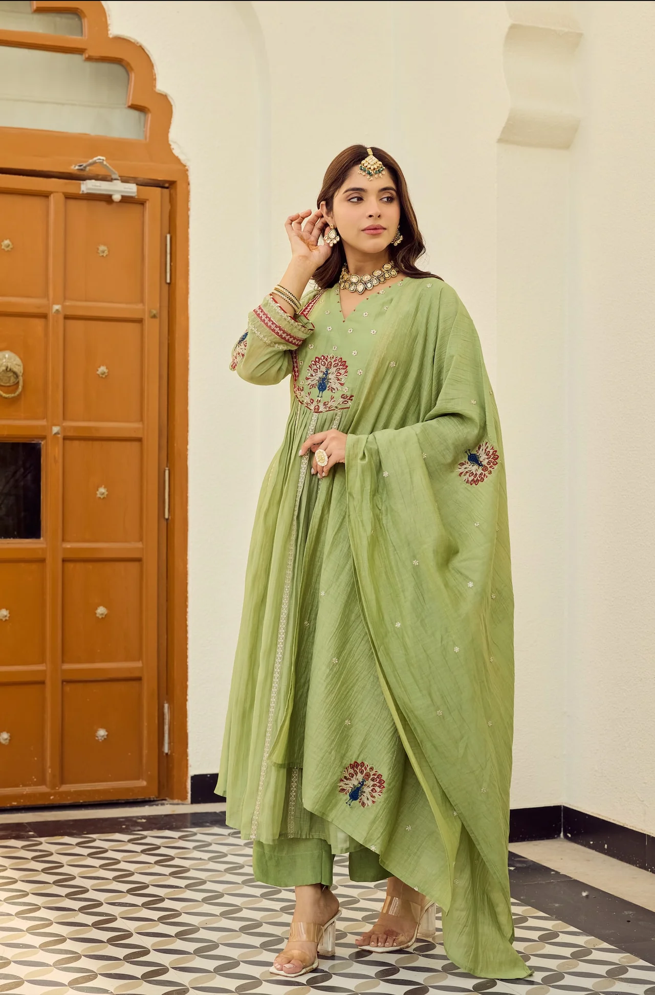 Women's Chanderi Silk Kurta Set with Pant and Dupatta in Sage Green — photo 4 of 7