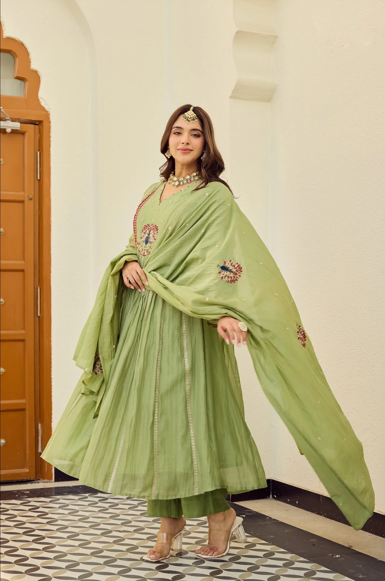 Women's Chanderi Silk Kurta Set with Pant and Dupatta in Sage Green — photo 5 of 7