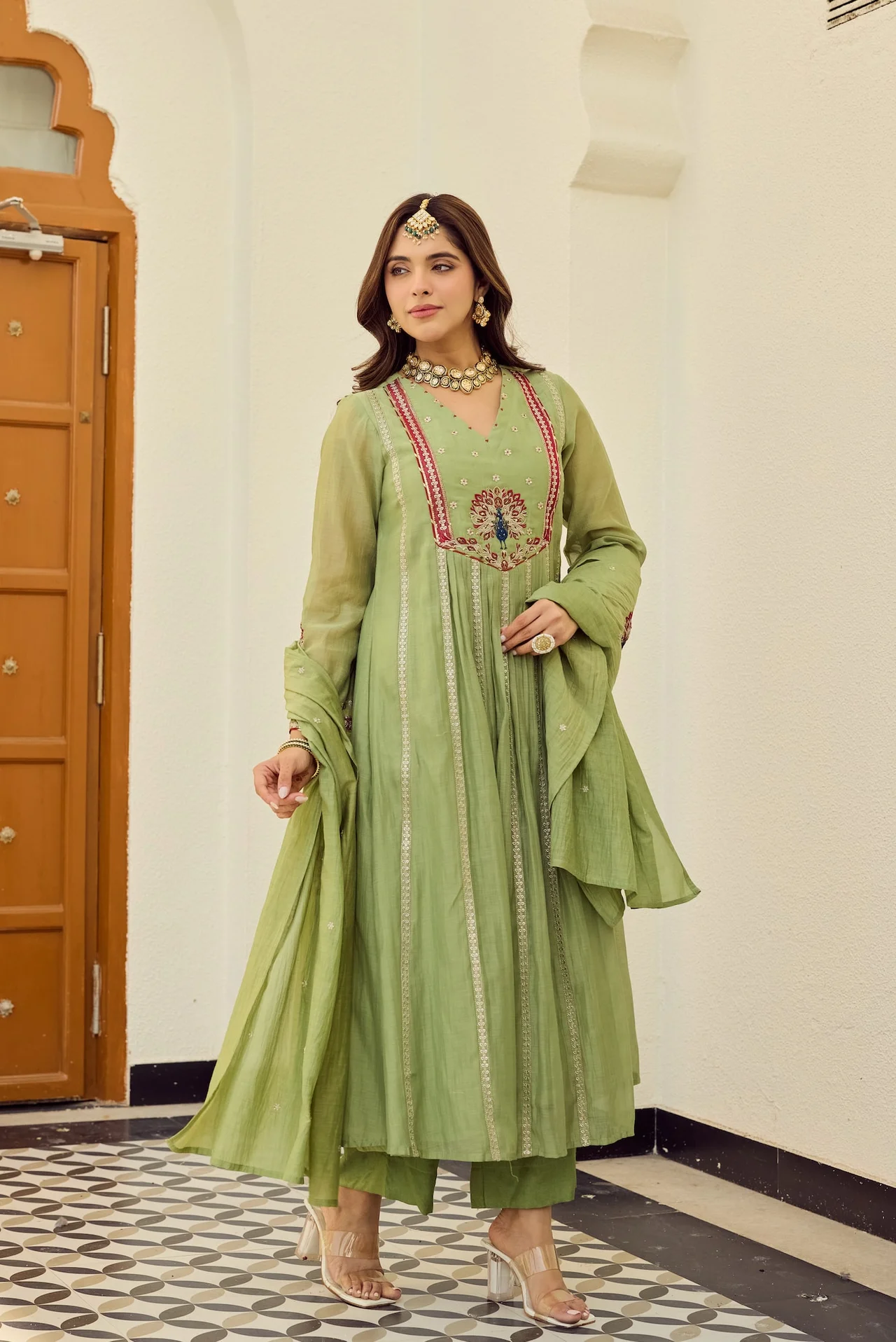 Women's Chanderi Silk Kurta Set with Pant and Dupatta in Sage Green — photo 6 of 7