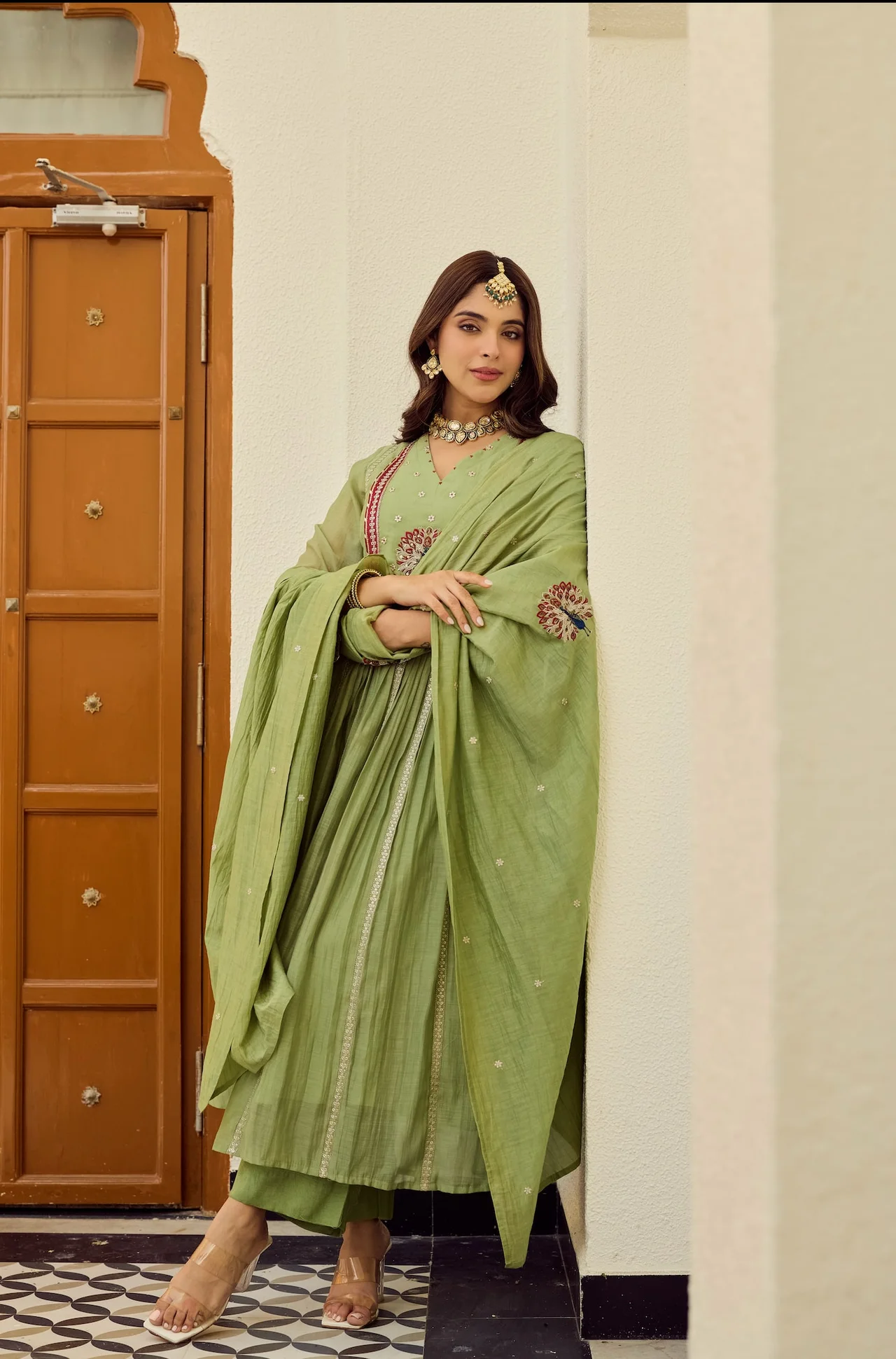 Women's Chanderi Silk Kurta Set with Pant and Dupatta in Sage Green — photo 7 of 7
