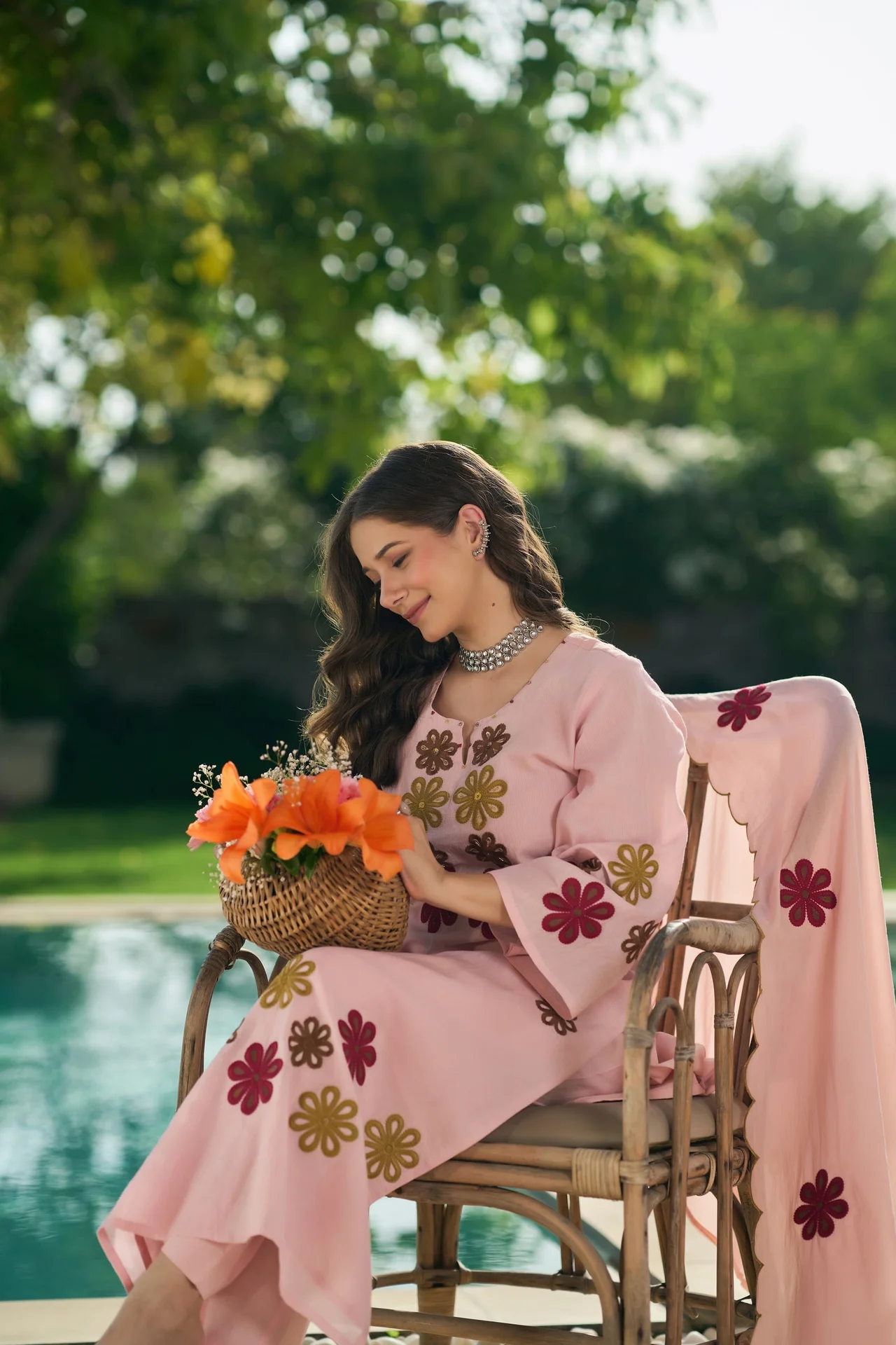 Women's Chanderi Silk Kurta Set with Pant and Dupatta in Peach — photo 2 of 8
