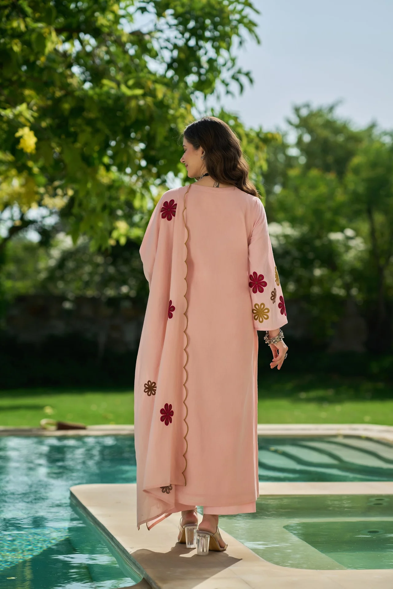 Women's Chanderi Silk Kurta Set with Pant and Dupatta in Peach — photo 3 of 8