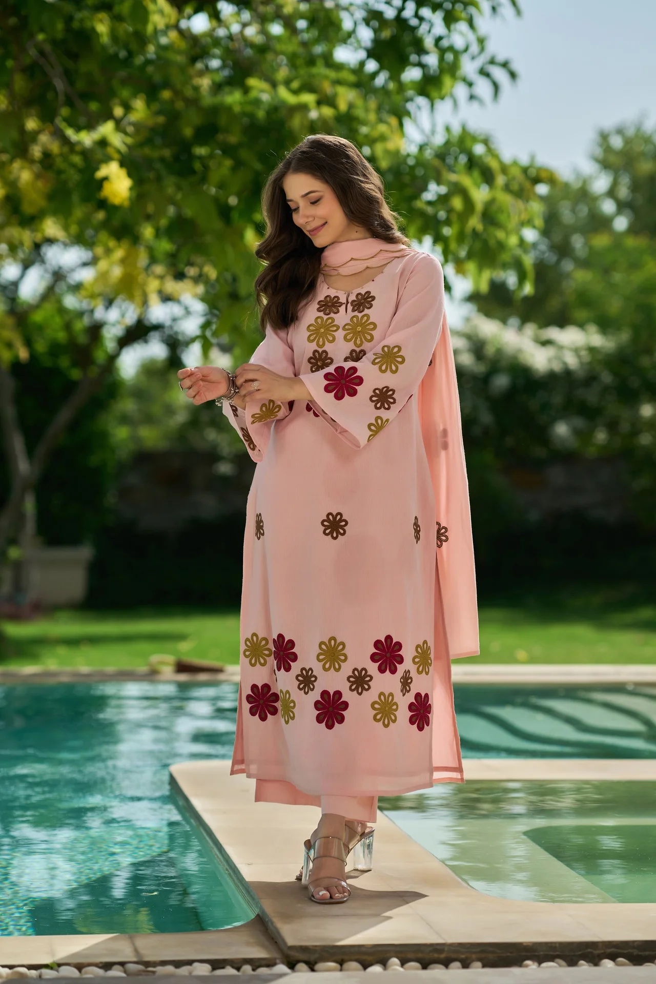 Women's Chanderi Silk Kurta Set with Pant and Dupatta in Peach — photo 6 of 8