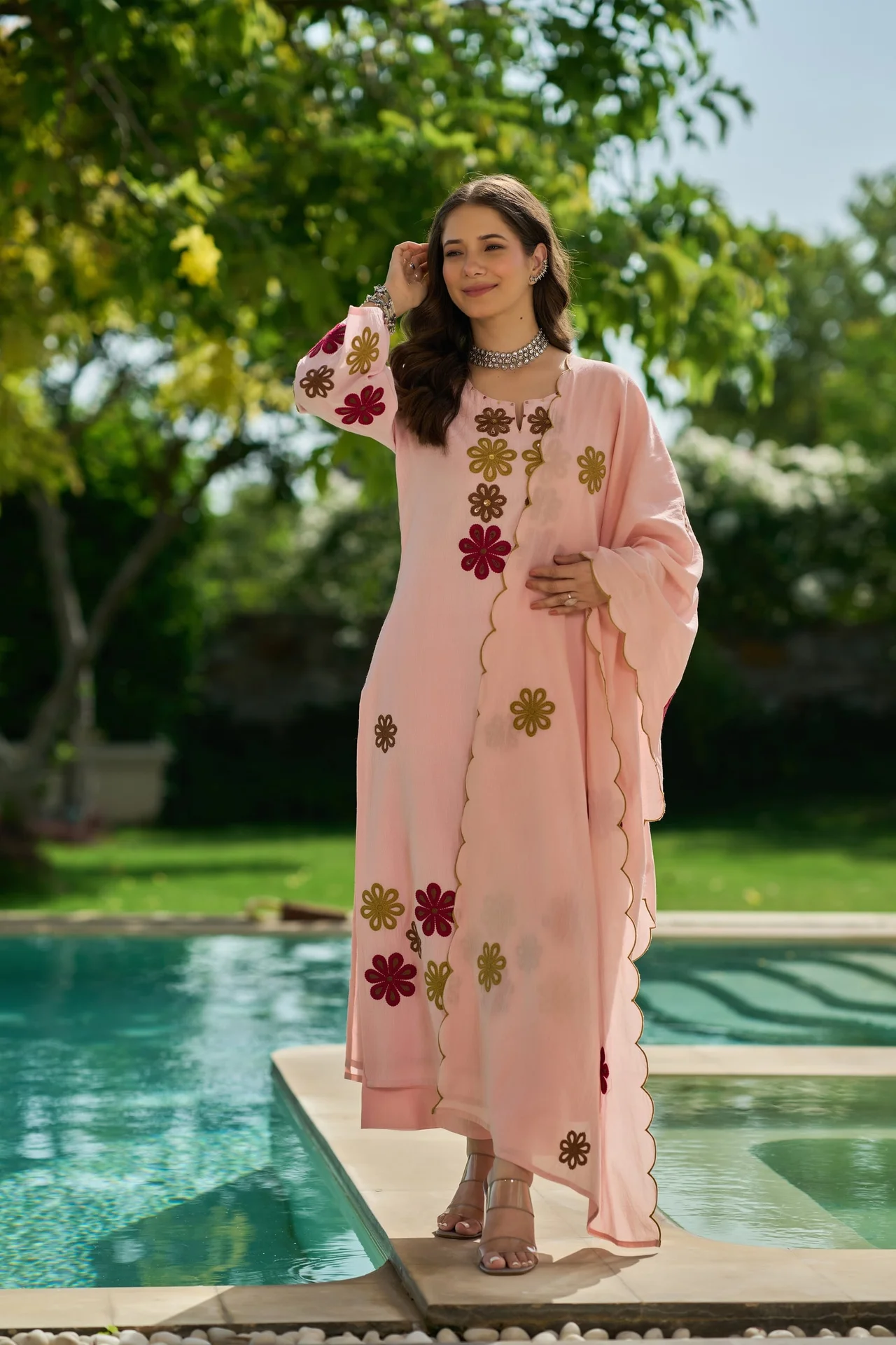 Women's Chanderi Silk Kurta Set with Pant and Dupatta in Peach — photo 8 of 8