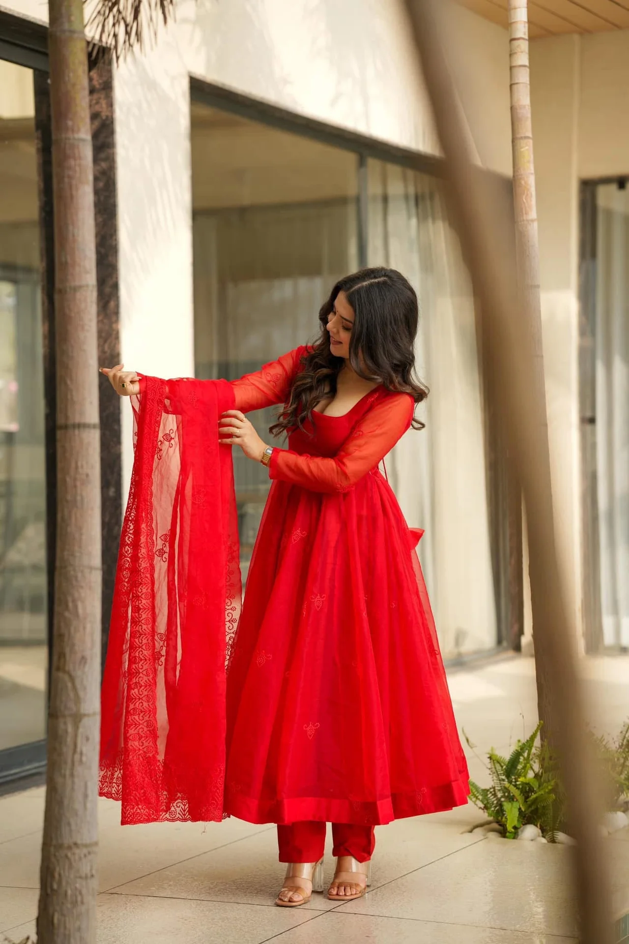 Women's Taby Silk Kurta Set with Chanderi Silk Pant and Dupatta in Red — photo 4 of 4