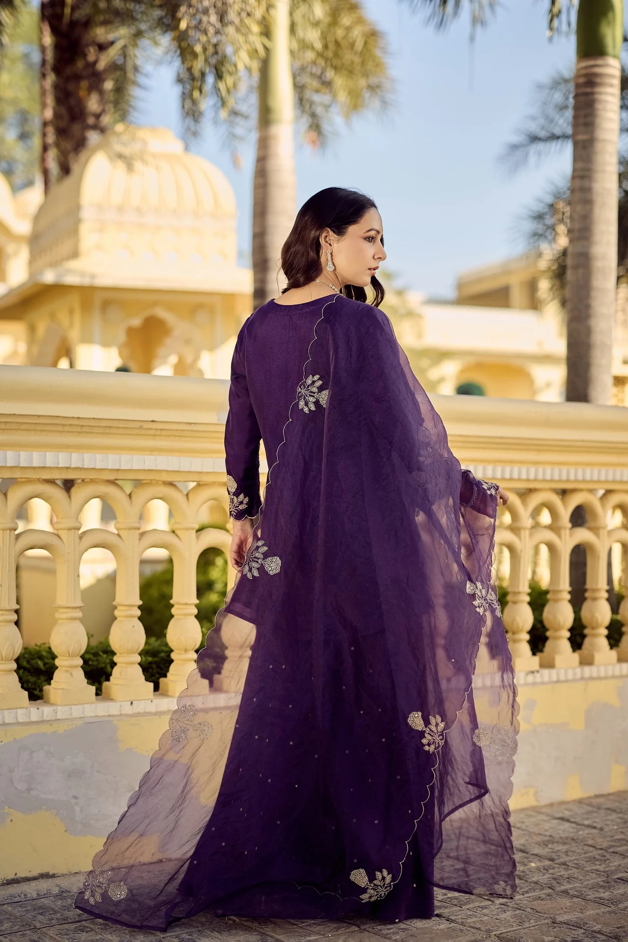 Women's Chanderi Silk Kurta Set with Palazzo and Embroidered Organza Dupatta in Purple — photo 2 of 8