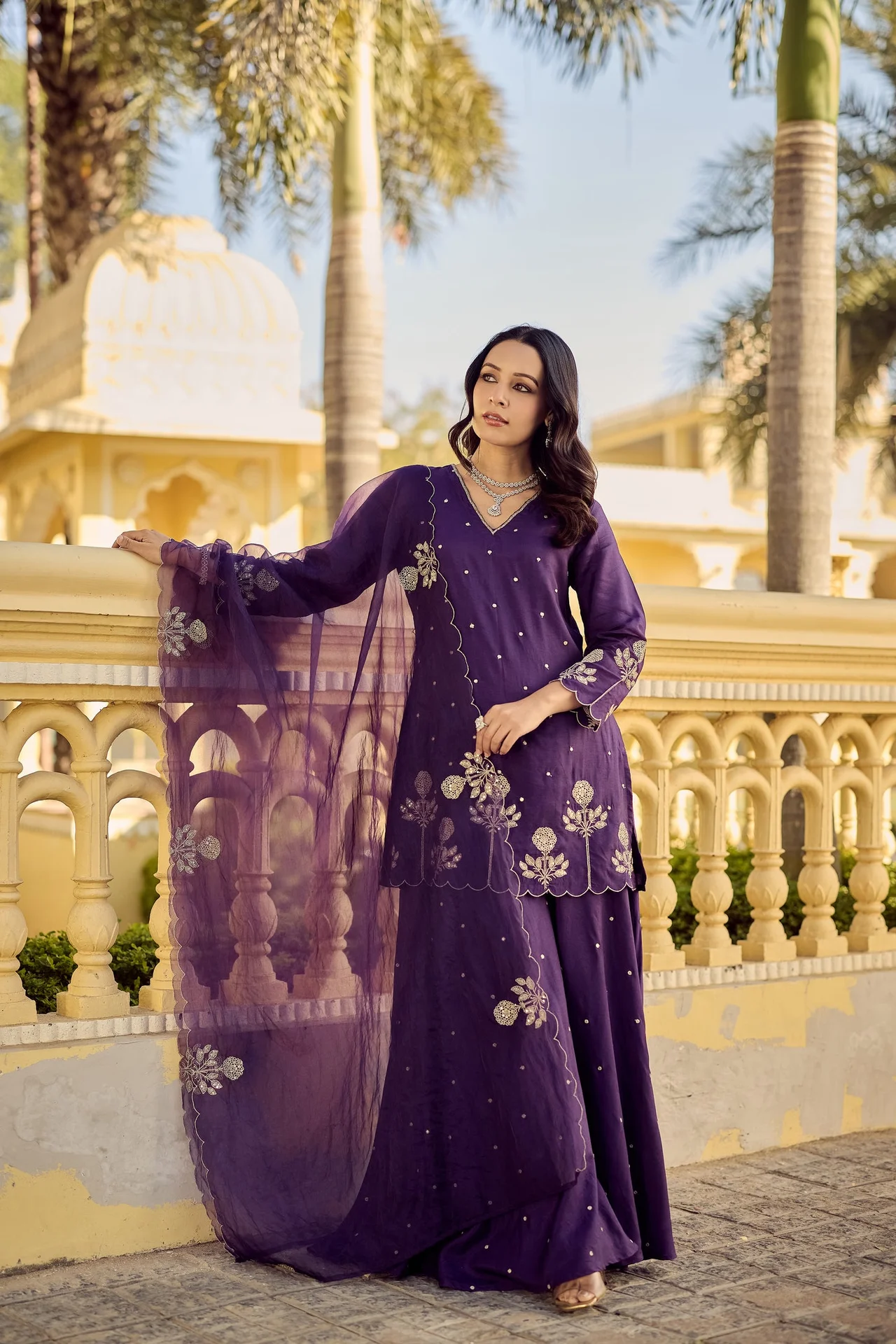 Women's Chanderi Silk Kurta Set with Palazzo and Embroidered Organza Dupatta in Purple — photo 3 of 8