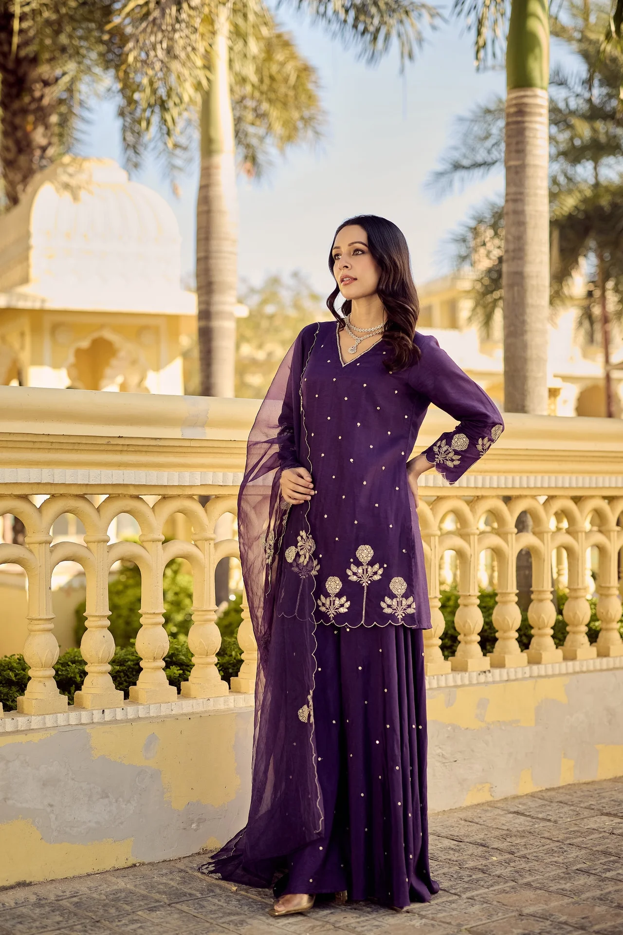 Women's Chanderi Silk Kurta Set with Palazzo and Embroidered Organza Dupatta in Purple — photo 4 of 8