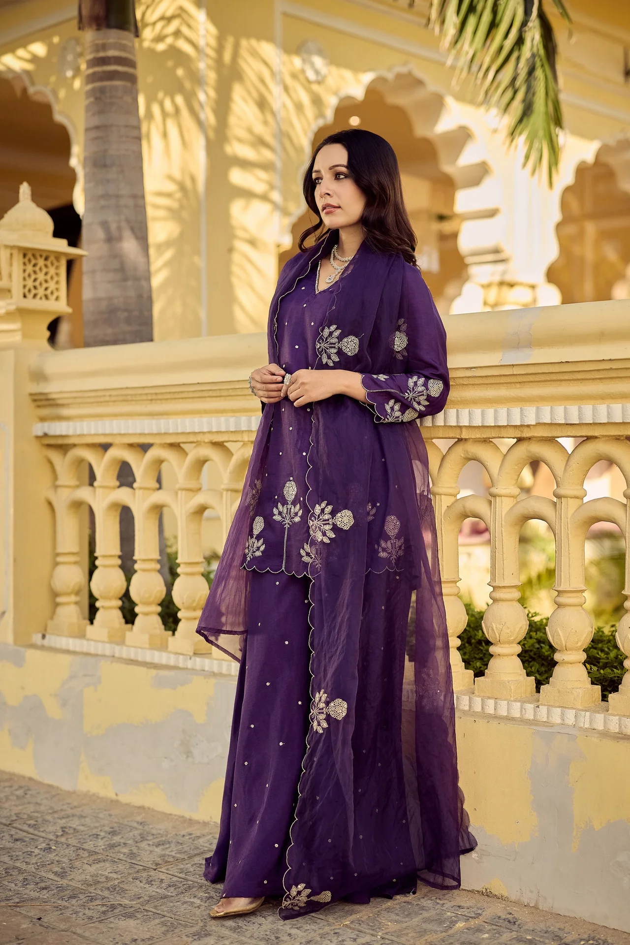 Women's Chanderi Silk Kurta Set with Palazzo and Embroidered Organza Dupatta in Purple — photo 5 of 8