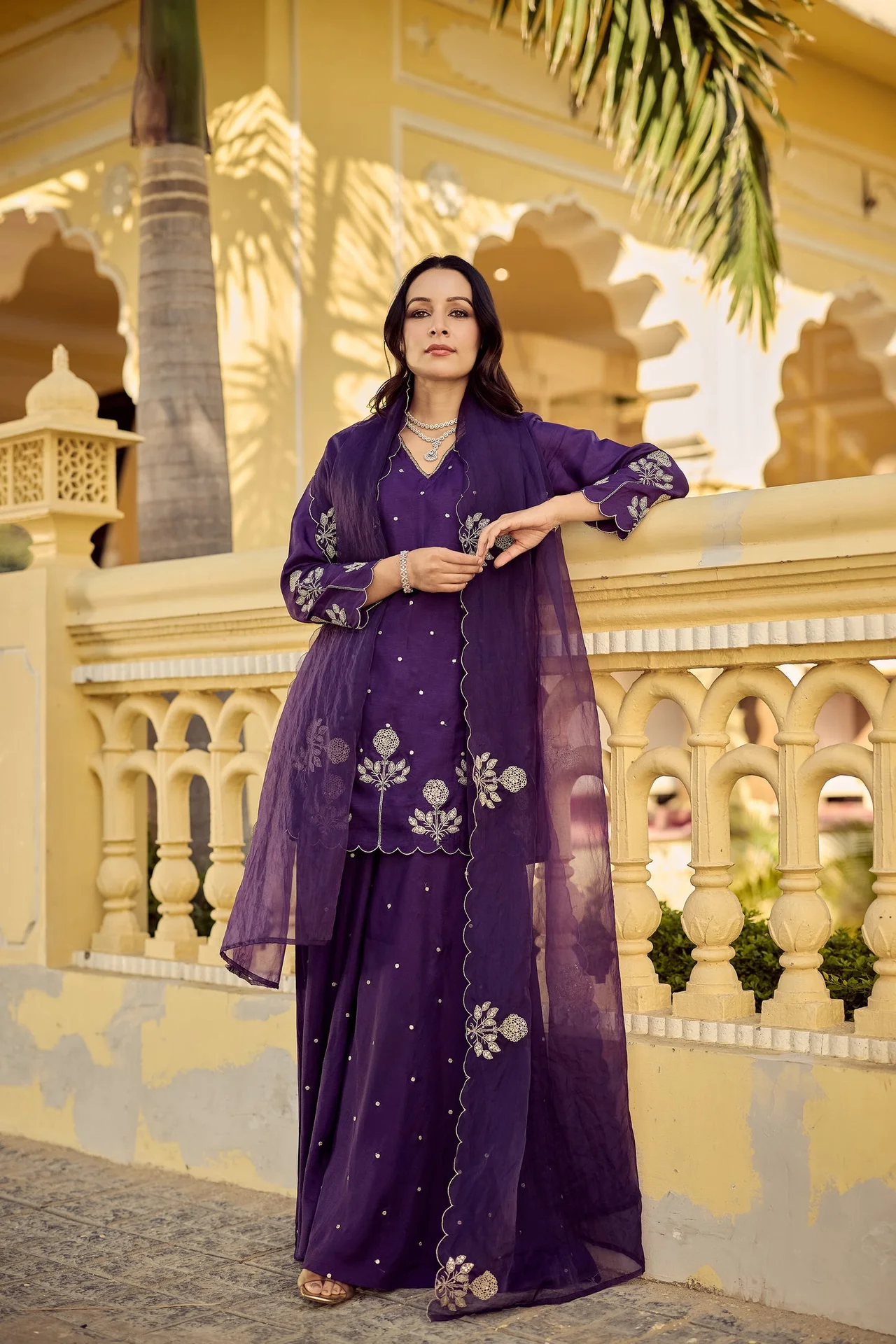 Women's Chanderi Silk Kurta Set with Palazzo and Embroidered Organza Dupatta in Purple — photo 6 of 8