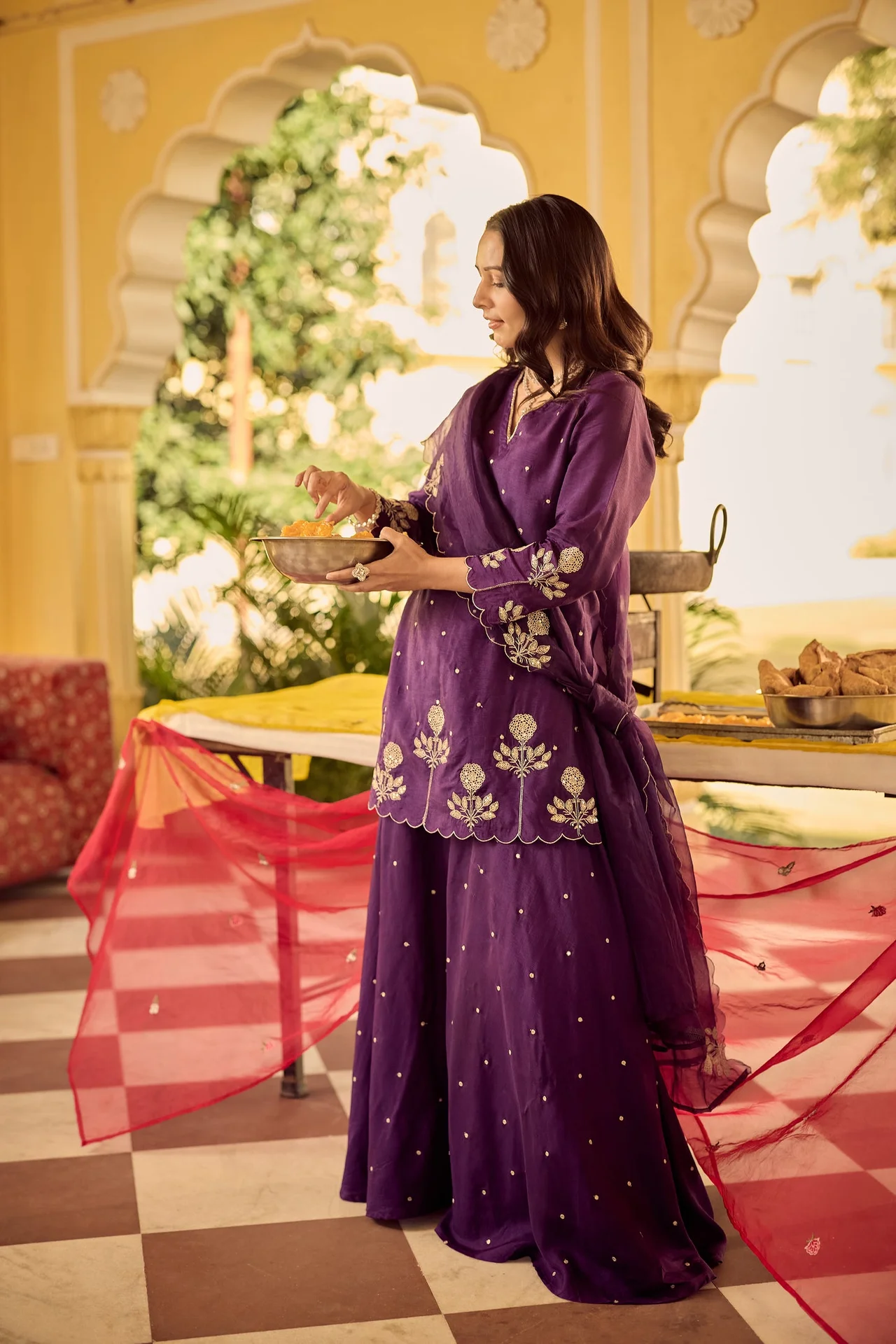 Women's Chanderi Silk Kurta Set with Palazzo and Embroidered Organza Dupatta in Purple — photo 8 of 8