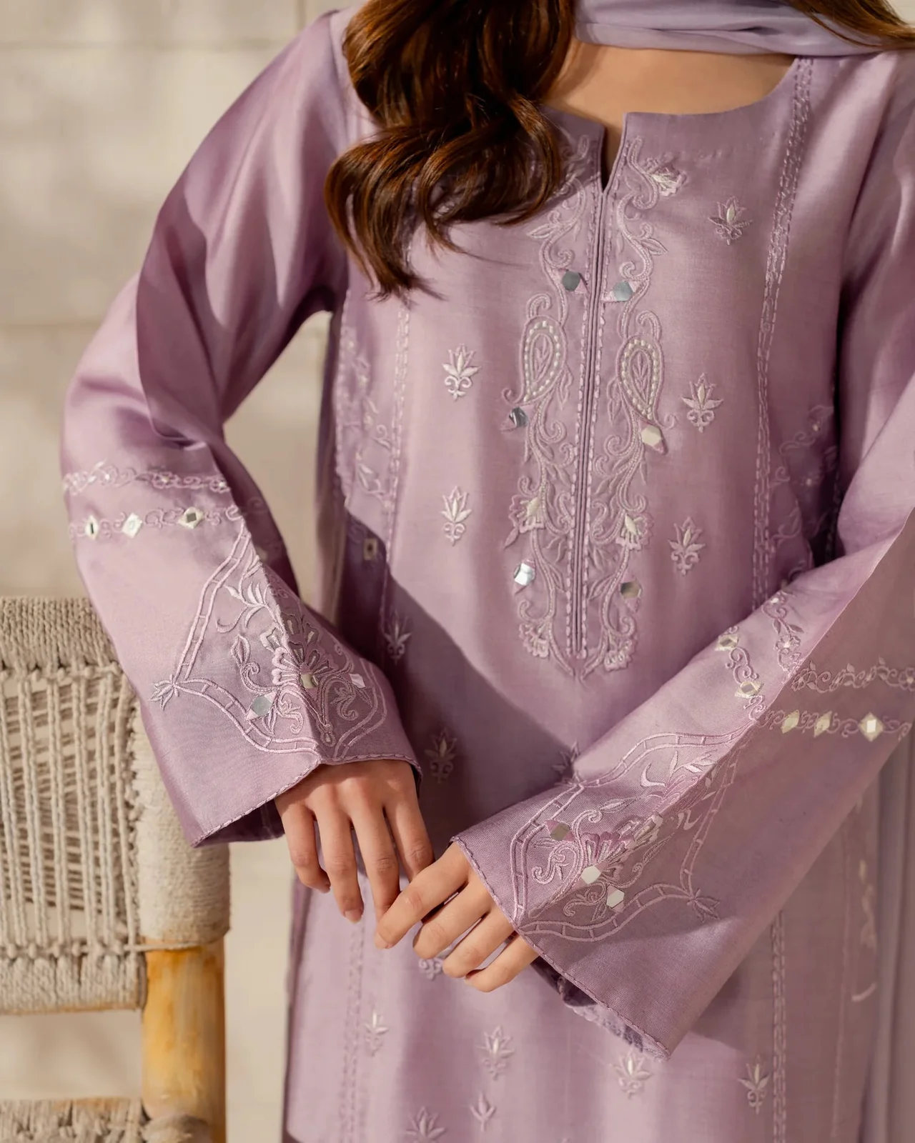 Women's French Crepe Silk Kurta Set with Pant and Chinnon Dupatta in Lavender — photo 6 of 6