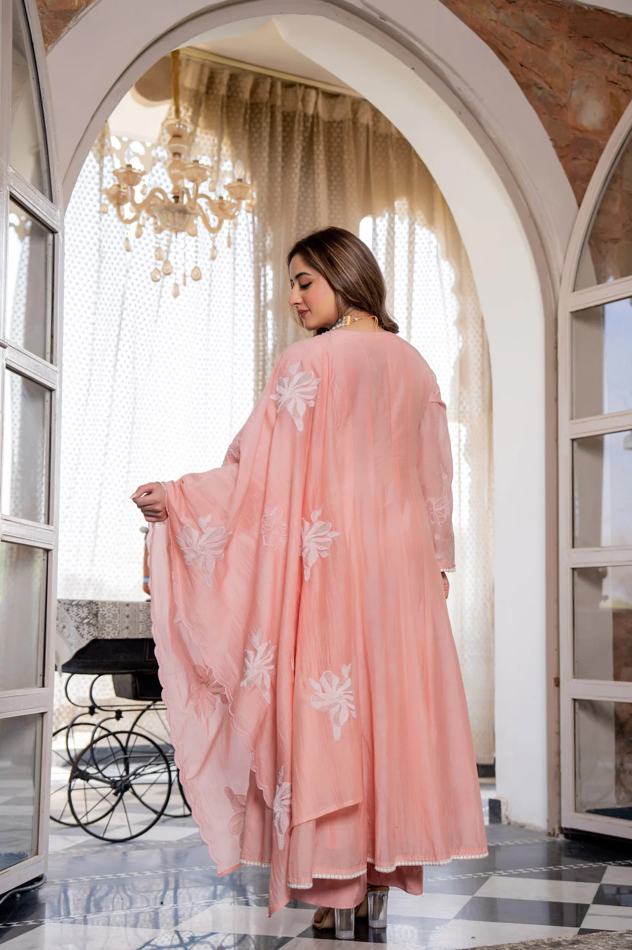 Women's Chanderi Silk Kurta Set with Pant and Dupatta in Peach — photo 2 of 10