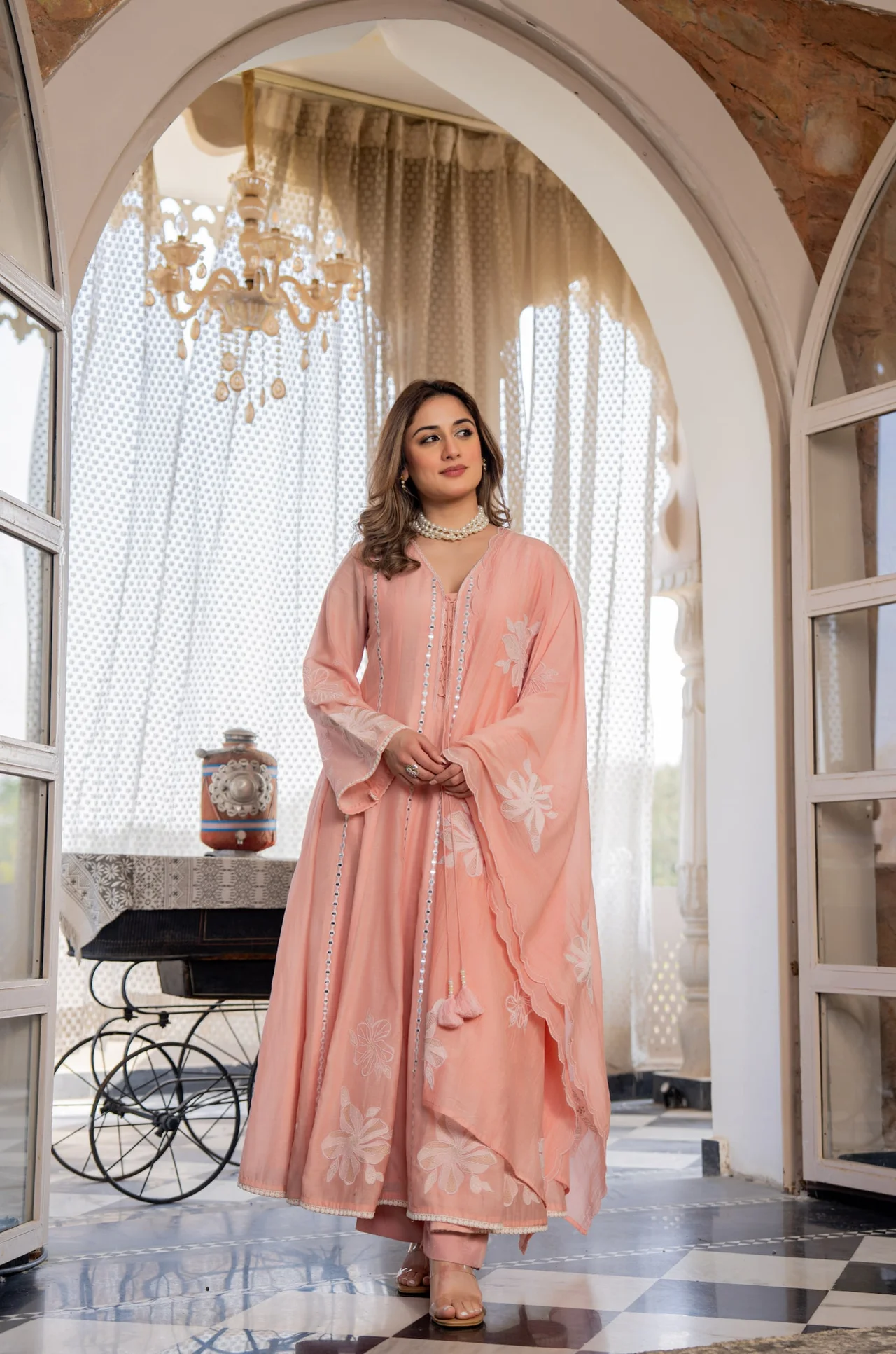 Women's Chanderi Silk Kurta Set with Pant and Dupatta in Peach — photo 4 of 10