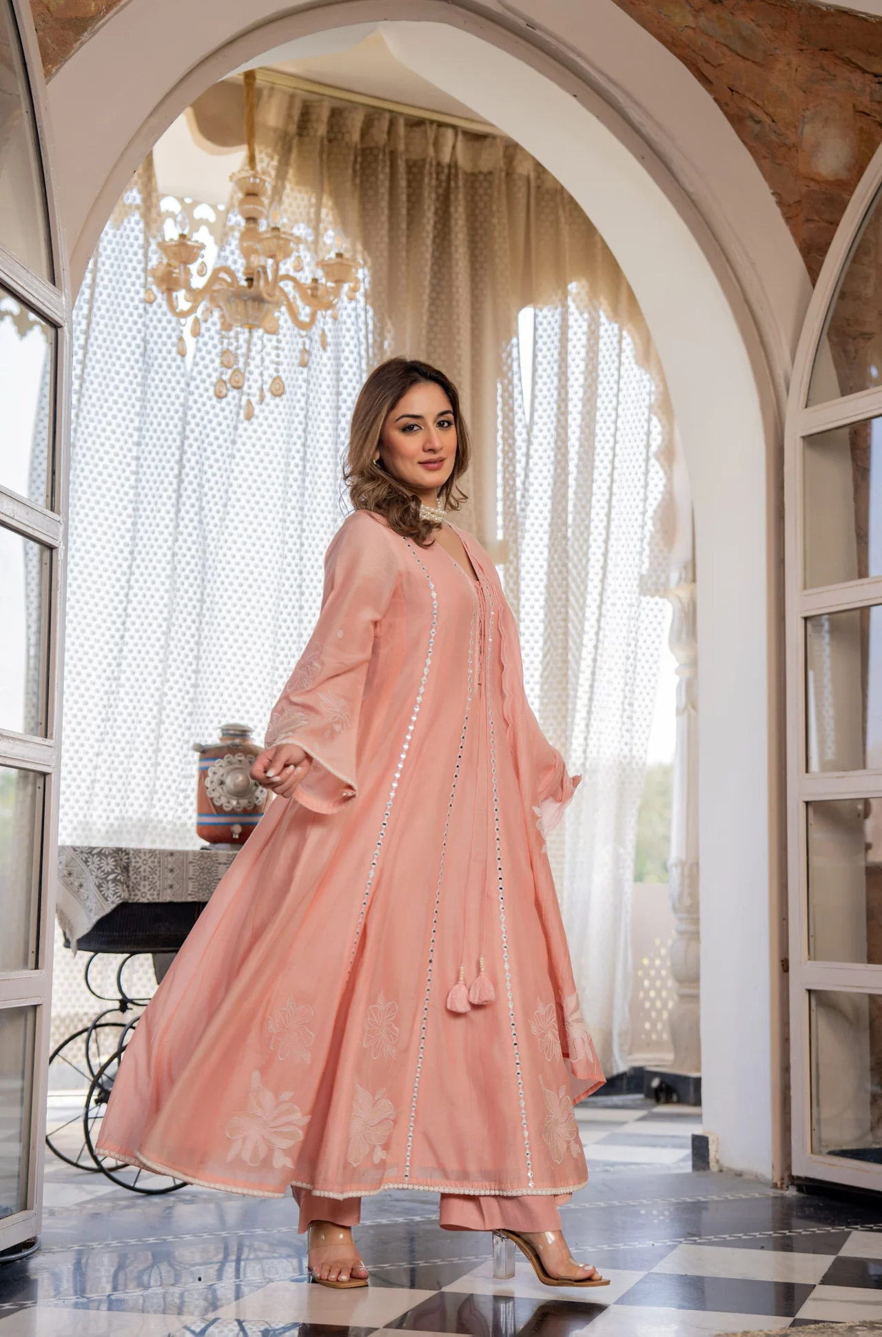 Women's Chanderi Silk Kurta Set with Pant and Dupatta in Peach — photo 5 of 10