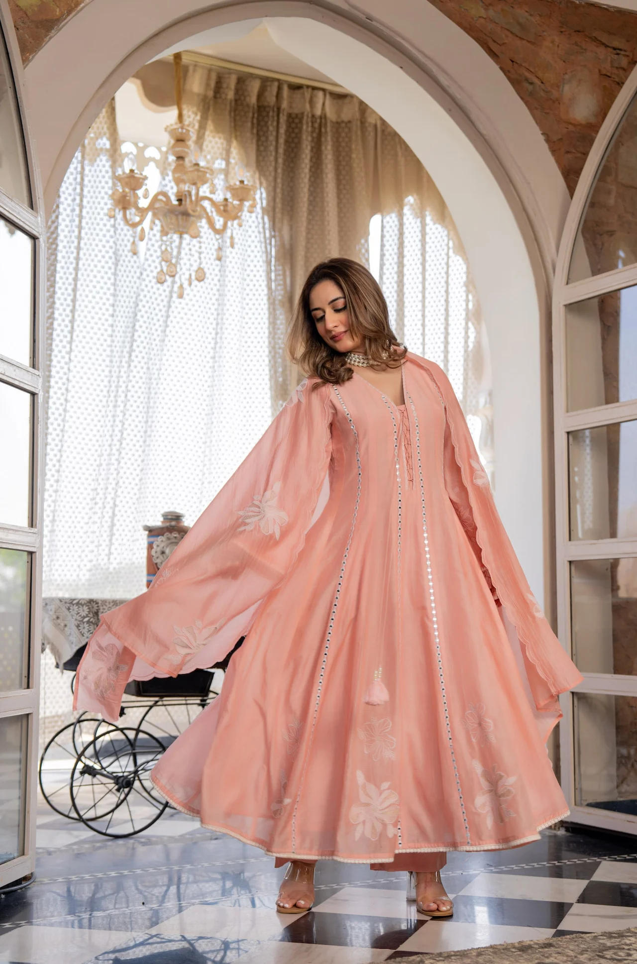 Women's Chanderi Silk Kurta Set with Pant and Dupatta in Peach — photo 6 of 10