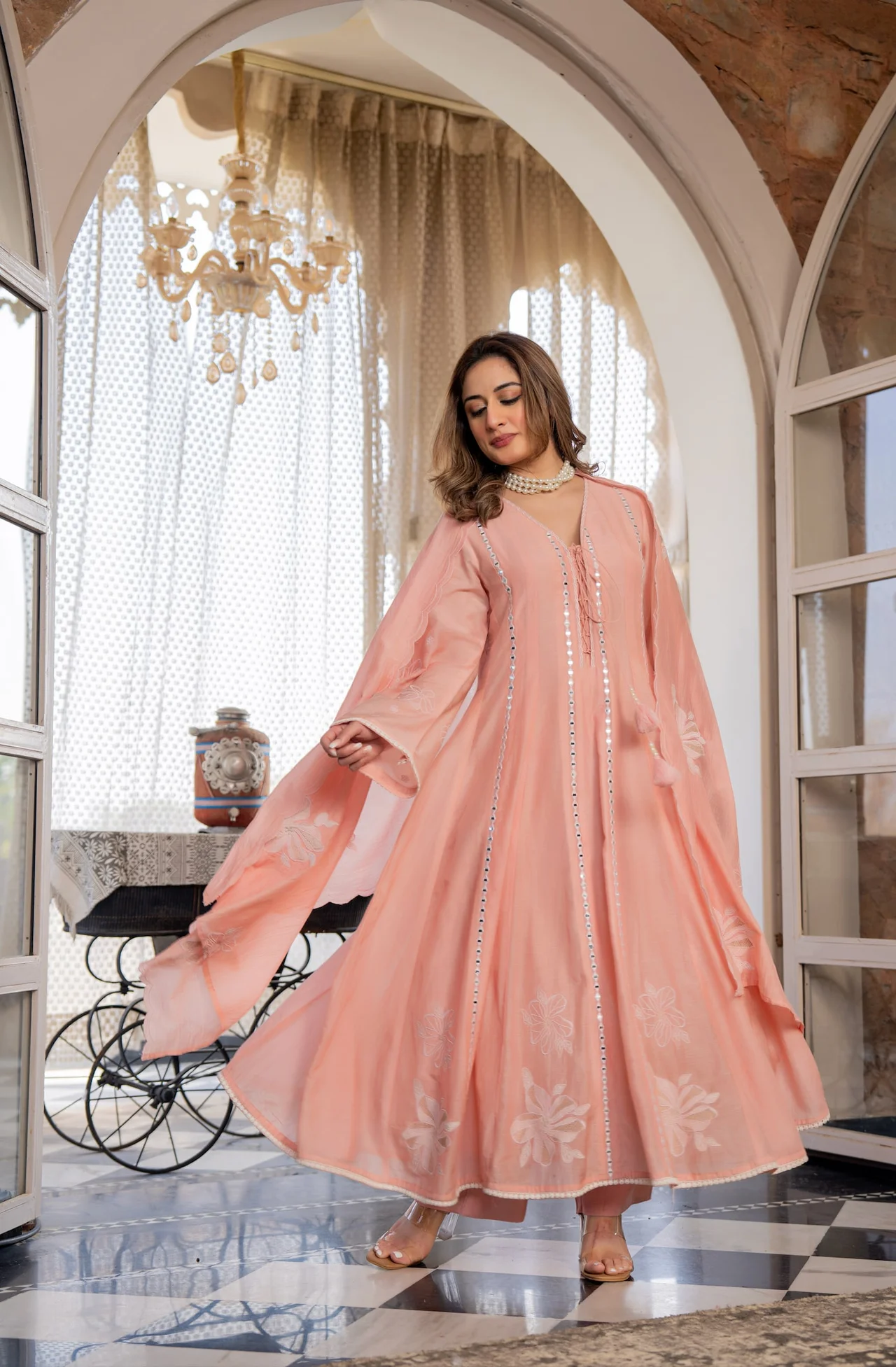 Women's Chanderi Silk Kurta Set with Pant and Dupatta in Peach — photo 7 of 10