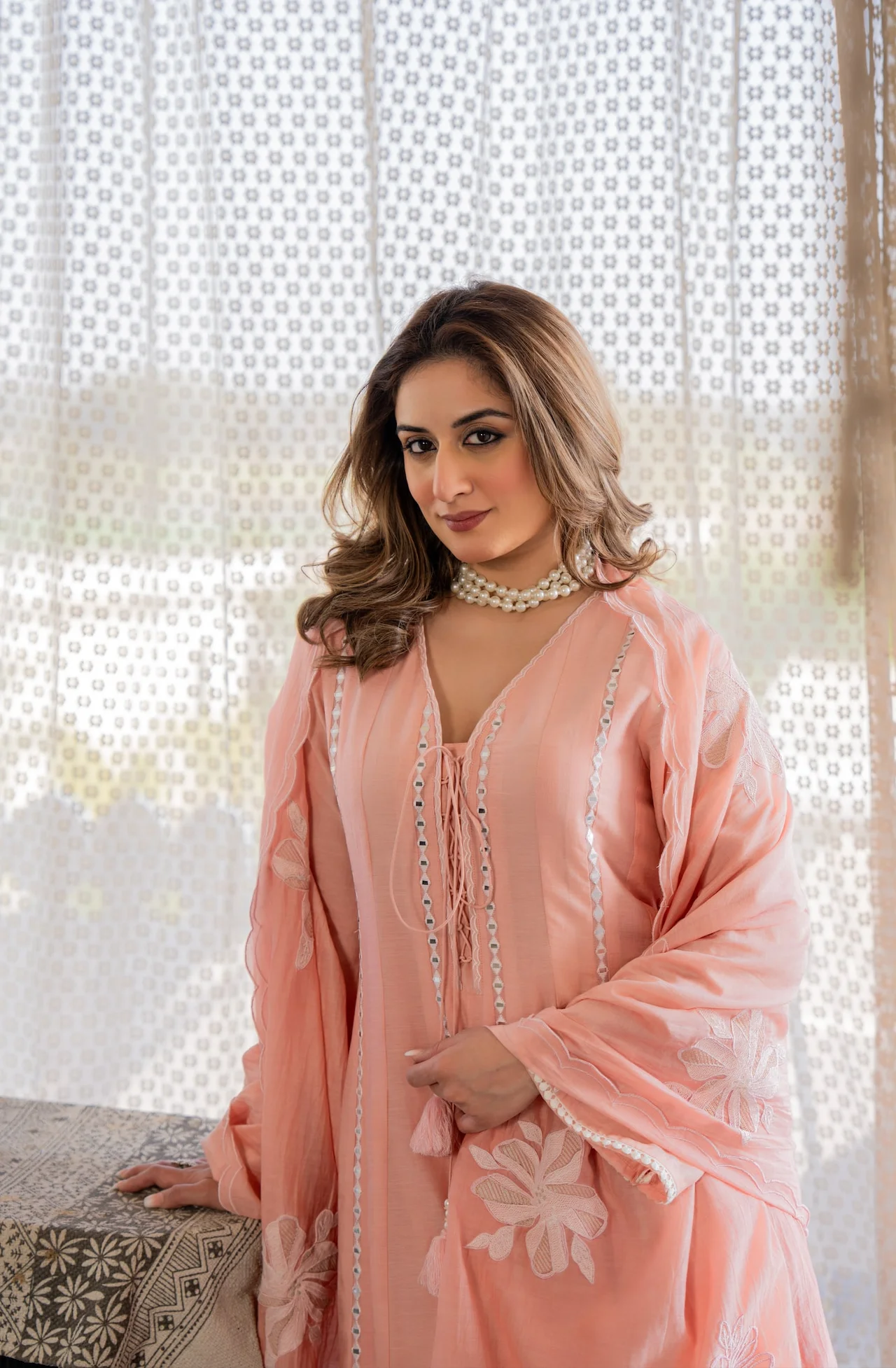 Women's Chanderi Silk Kurta Set with Pant and Dupatta in Peach — photo 8 of 10