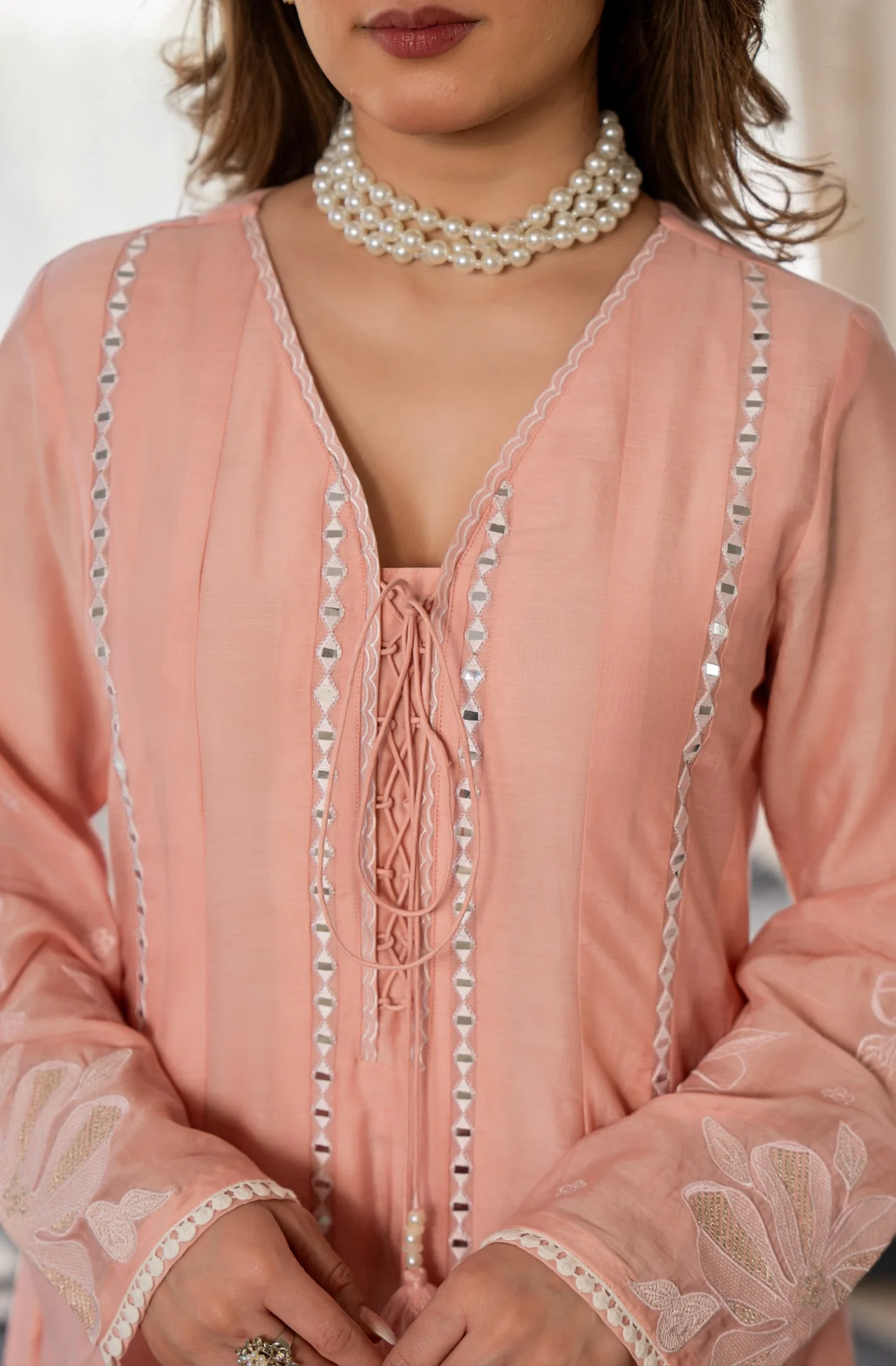 Women's Chanderi Silk Kurta Set with Pant and Dupatta in Peach — photo 9 of 10