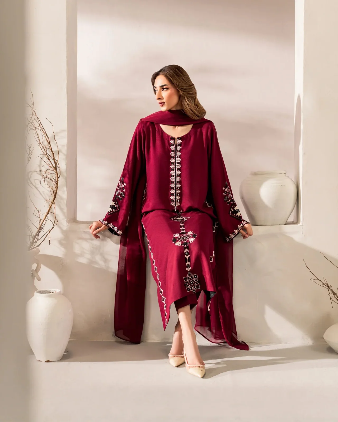 Women's Chanderi Silk Kurta Set with Pant and Dupatta in Maroon — photo 8 of 8